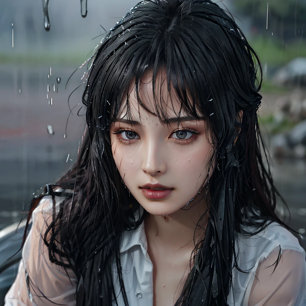 Best picture quality, masterpiece, ultra high resolution, (fidelity :1.4), photo, 1 girl,[(sadness)],white shirt, Dim, dark, desperate, pitying, pitiful, cinematic,tear,teardrop,(Torn clothes:1.5), (Wet clothes:1.4), bare shoulders,Real rain,wet hair,..