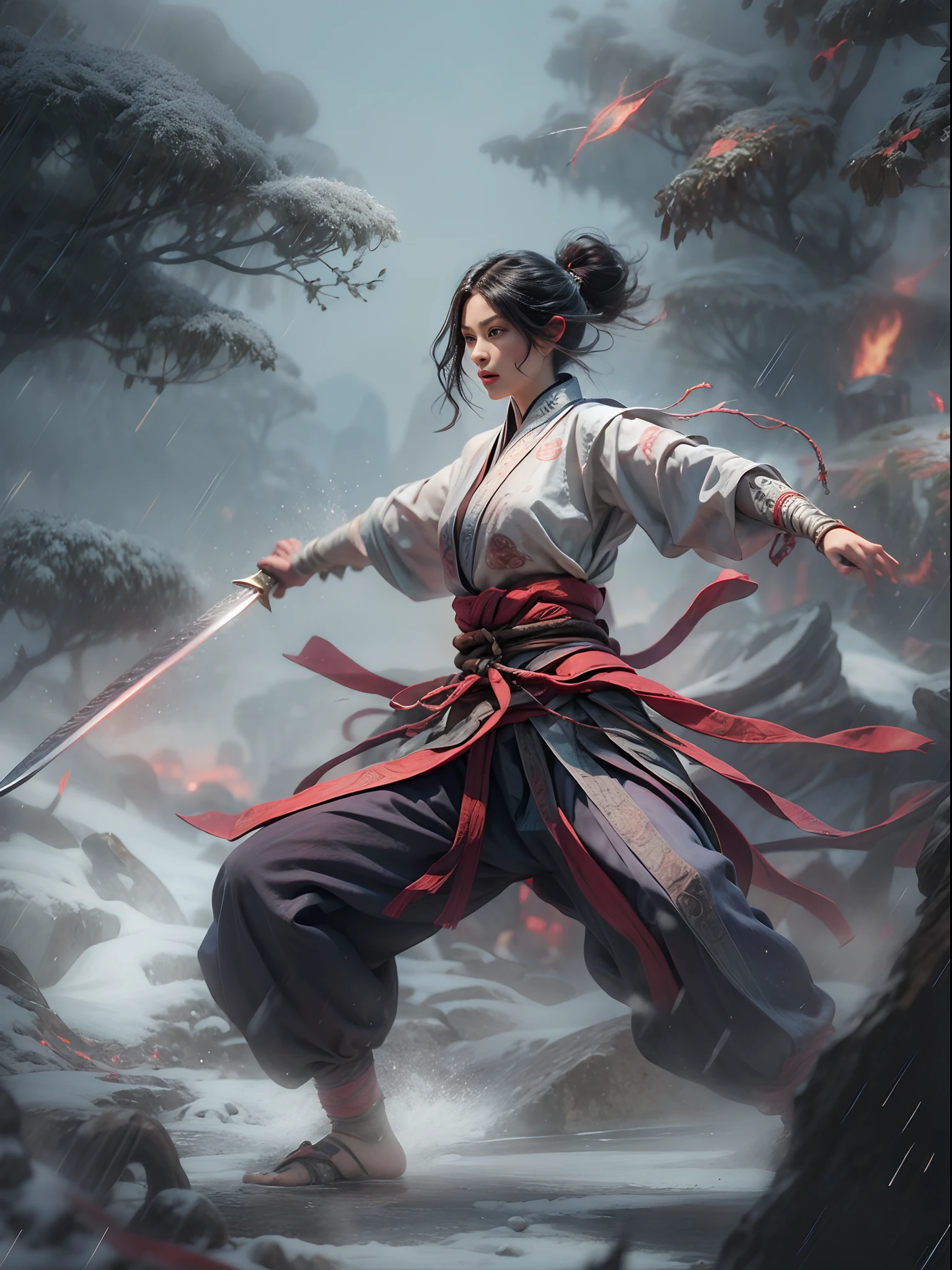 1个Giant Breast Girl，Kungfu，（arma，long sword）, Attack status，Snowy mountain woods，Surrounded by rain，Illustration style，motionblur，Prolonged exposure to the whole body，(exquisitefacialfeatures，Perfect hand features)，Chinese ink style，Martial arts style，Selective focusing，in a panoramic view，（Bokeh:1.5），tmasterpiece，ultra - detailed，Epic composition，HighestQuali，16K