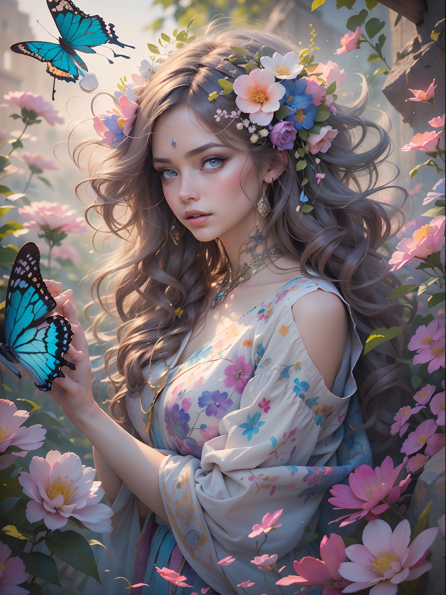 A woman with a butterfly in her hand and flowers in her hair - SeaArt AI