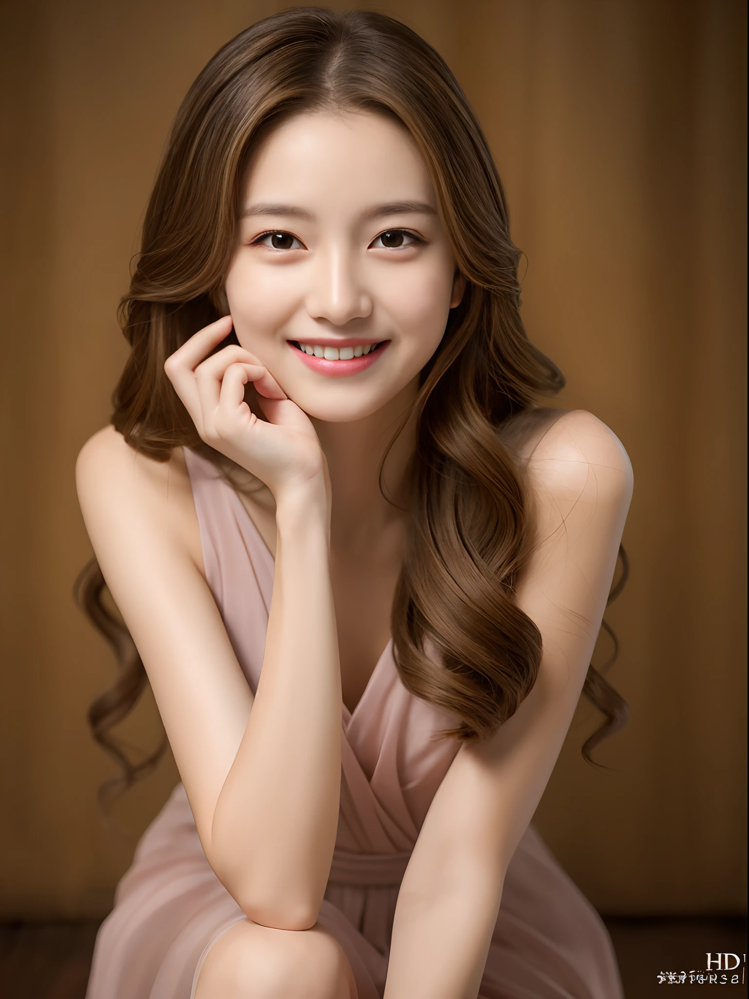 top-quality、masterpiece、超A high resolution、(Photorealsitic:1.4)、Raw photo、1girl in、Light brown hair、Formal-up、shinny skin、dramatic lighting、(a smile:1.2)