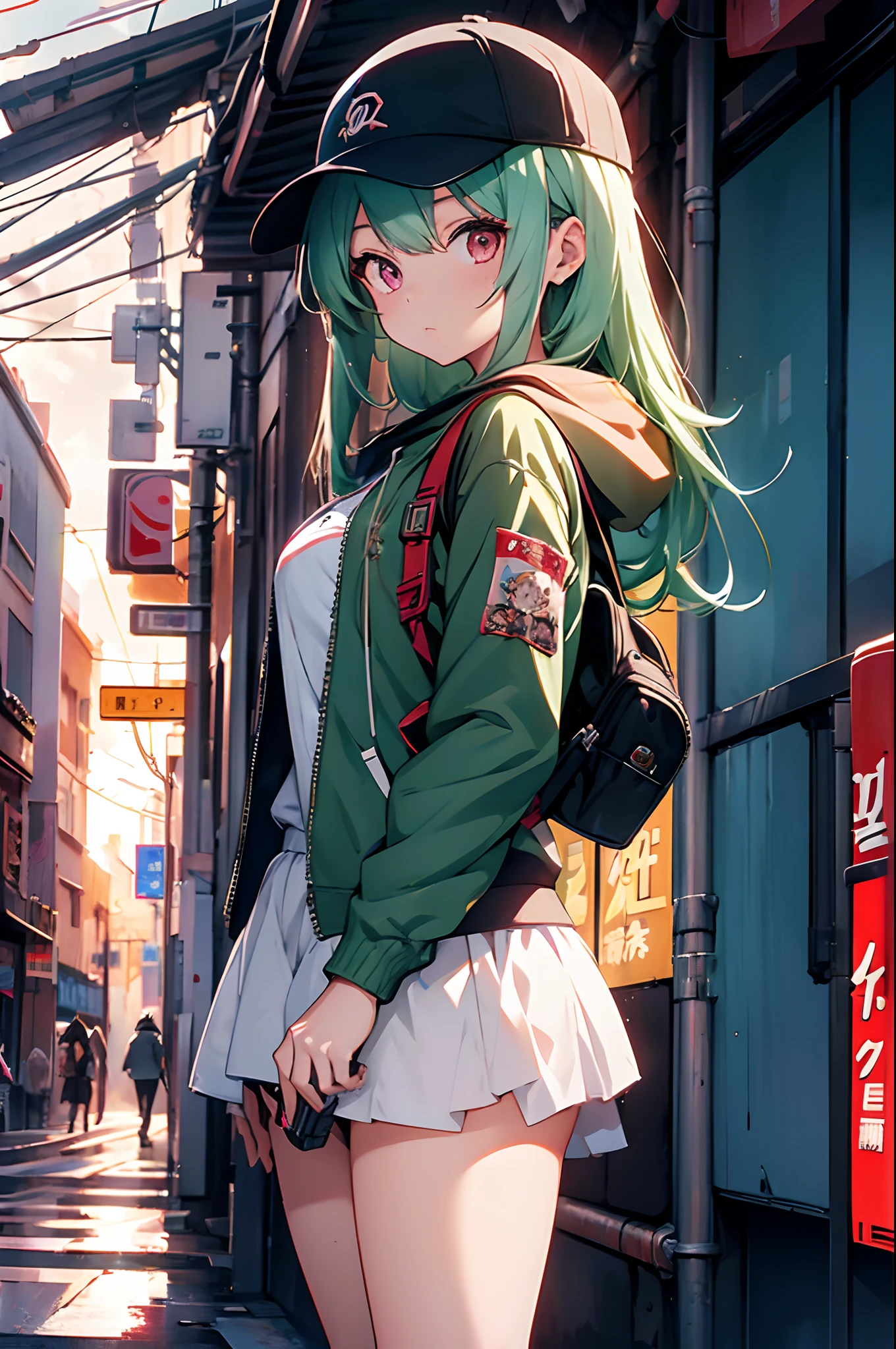 anime girl with a gun and a backpack standing in front of a wall of newspapers, long green hair, emo, Trendy Girl, wearing a cool jacket, cap, red brake wall with newspaper background, anime style 4 k, artwork in the style of guweiz, best anime 4k konachan wallpaper, cyberpunk anime girl in hoodie, anime art wallpaper 8 k, e-girl, e - girl, guweiz, anime style. 8k, anime art wallpaper 4 k