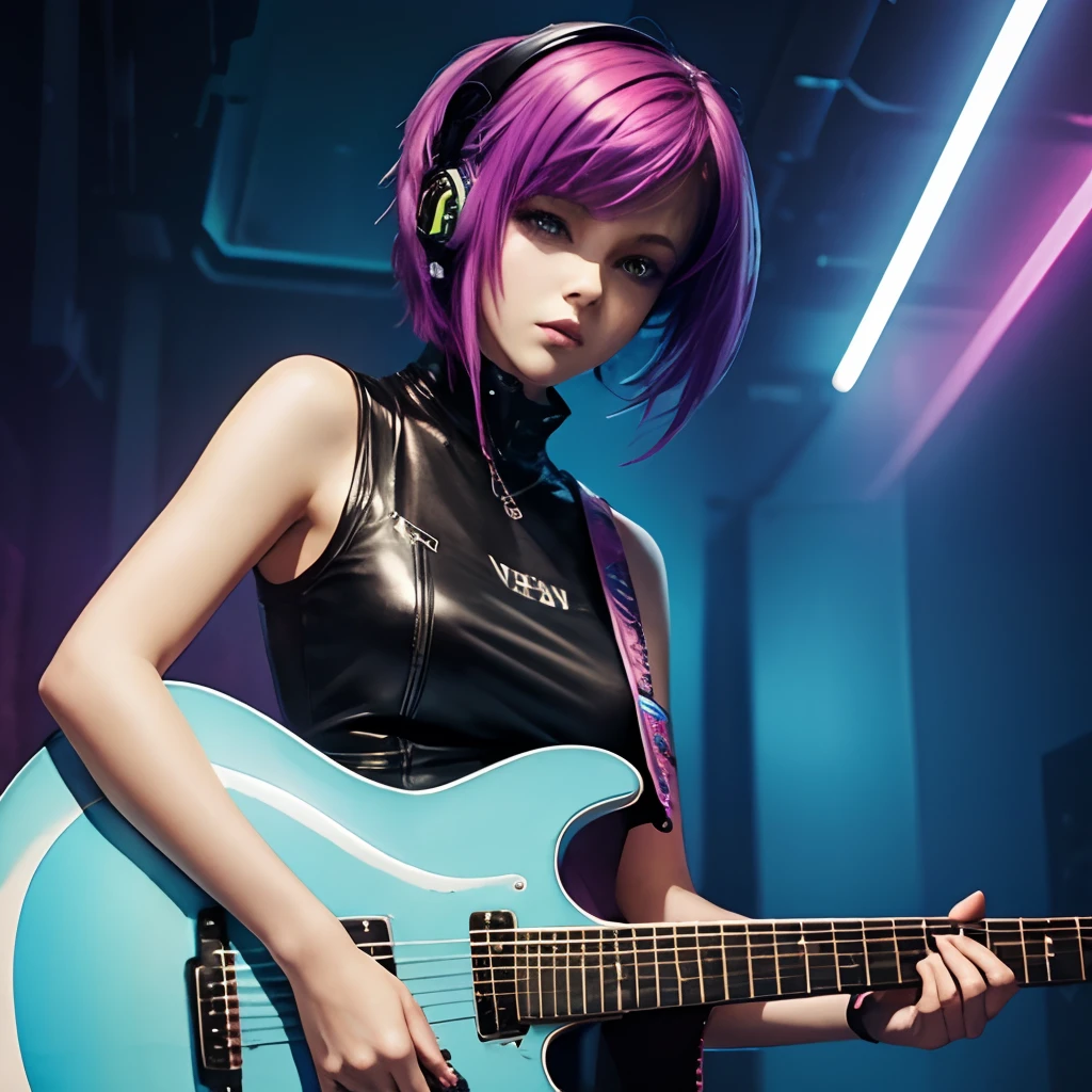 guitar,cyber punk,very watercolor,woman