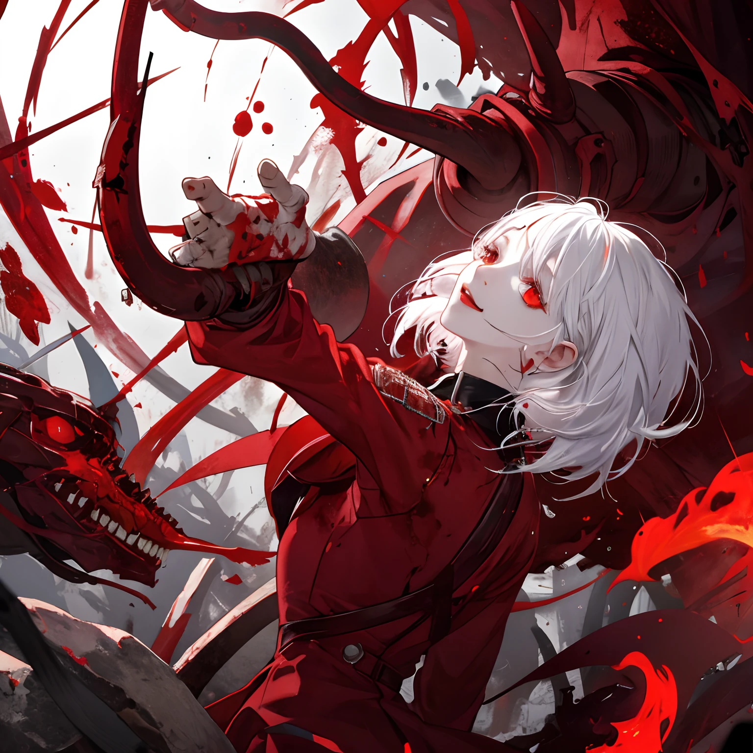 girl with,white hair,Return blood,reddish,Limb amputation,Maniacal,red eyes,