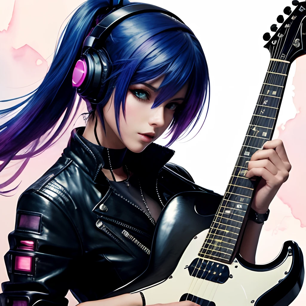 guitar,cyber punk,very watercolor,woman