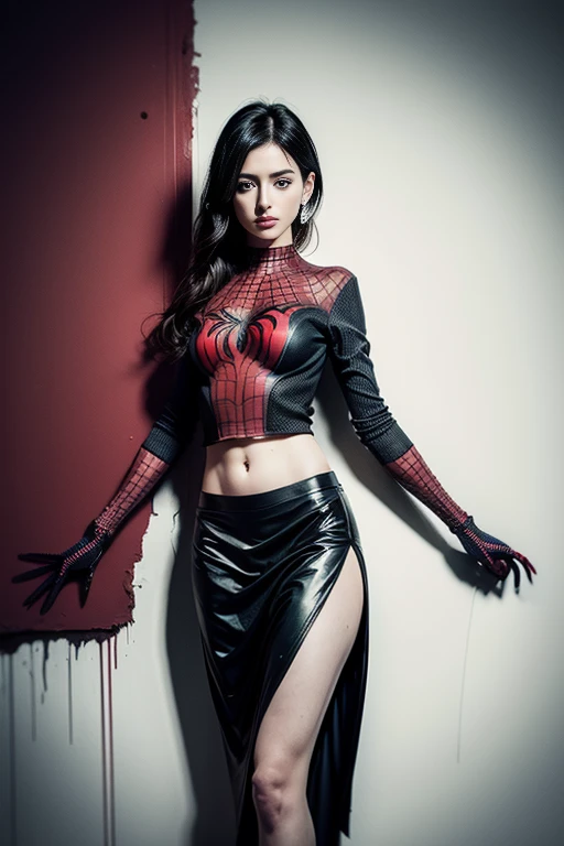 source_illustration, a cute thin asian girl with ((long black hair),  fit body, tight belly, sexy face, brown eyes, perfect eyes, slanted eyes, Silk from Spiderman costume, black and white costume, red bandana mask, red spiderweb accents on chest, ripped costume, exposed body, looking at viewer, squatting spiderman pose