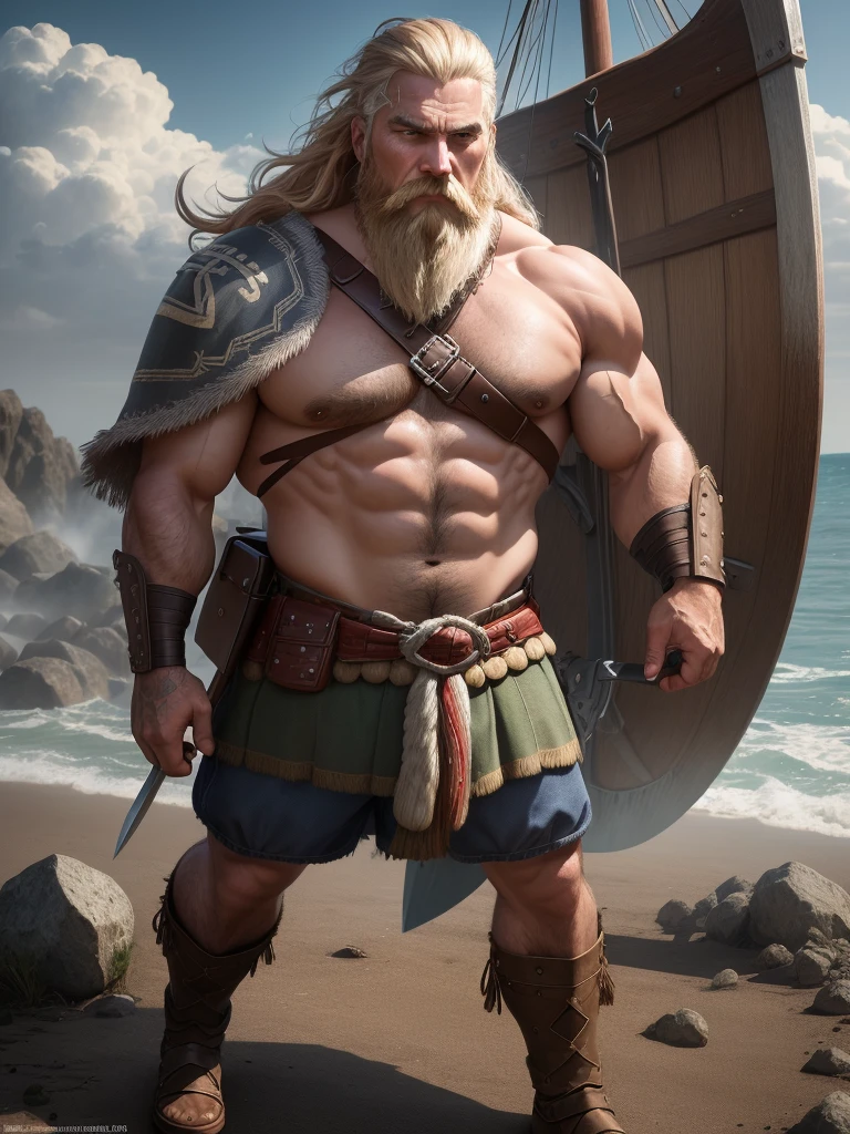 Um homem de 53 anos, com barba e cabelos longos, um viking empunhando um machado, With a fierce expression in the midst of a bloody battle. Ao fundo, His wooden ship is seen scarred by the ravages of war. Your body is wounded, em uma atmosfera chuvosa com raios.

((He is interacting and leaning on his battle-axe, Maximum sharpness, UHD, 16K, estilo viking, best possible quality, ultra detailed, best possible resolution, ((Full body image of a man)), Unreal Engine 5, perfect hand, fingers, hand, perfect, better_hands, More detail, war)).