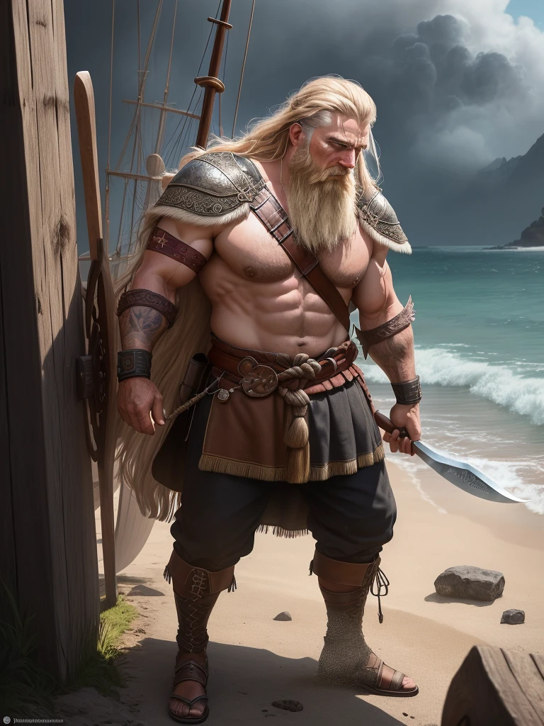 Um homem de 53 anos, com barba e cabelos longos, um viking empunhando um machado, With a fierce expression in the midst of a bloody battle. Ao fundo, His wooden ship is seen scarred by the ravages of war. Your body is wounded, em uma atmosfera chuvosa com raios.
((He is interacting and leaning on his battle-axe, Maximum sharpness, UHD, 16K, estilo viking, best possible quality, ultra detailed, best possible resolution, ((Full body image of a man)), Unreal Engine 5, perfect hand, fingers, hand, perfect, better_hands, More detail, war)).