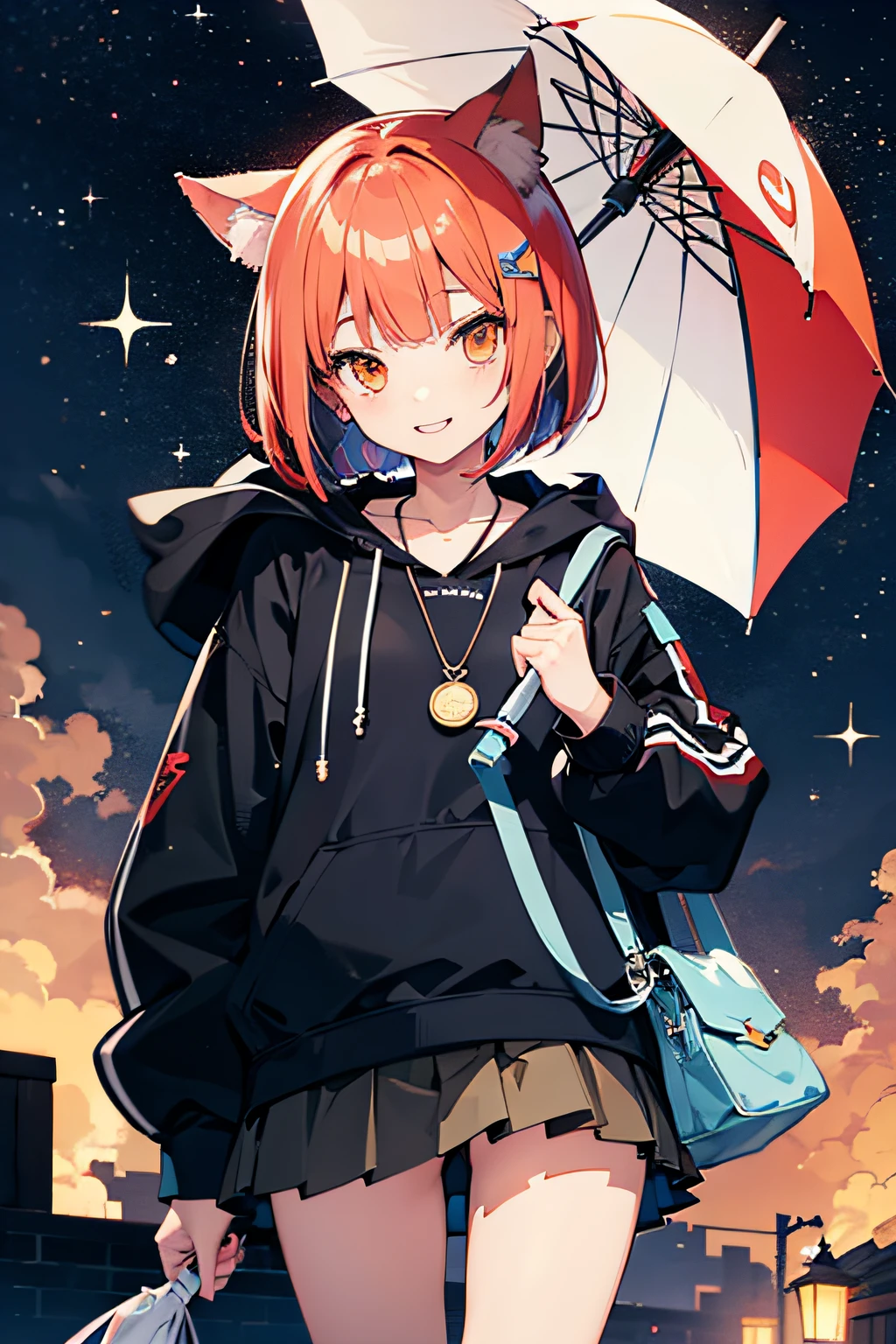 scarlet colored hair、cat ear、Orange eyes、Eyes topaz color、hair pin、bob、The shirt、parka、a short skirt、a necklace、double tooth、sparking eyes、Shoulder bag、Umbrella in one hand、smile、takeout、milkyway、a moon、Seductive Anime Girl, anime style 4 k, best anime 4k konachan wallpaper,anime moe art style, Anime art wallpaper 8k、Kazuki Maruyama