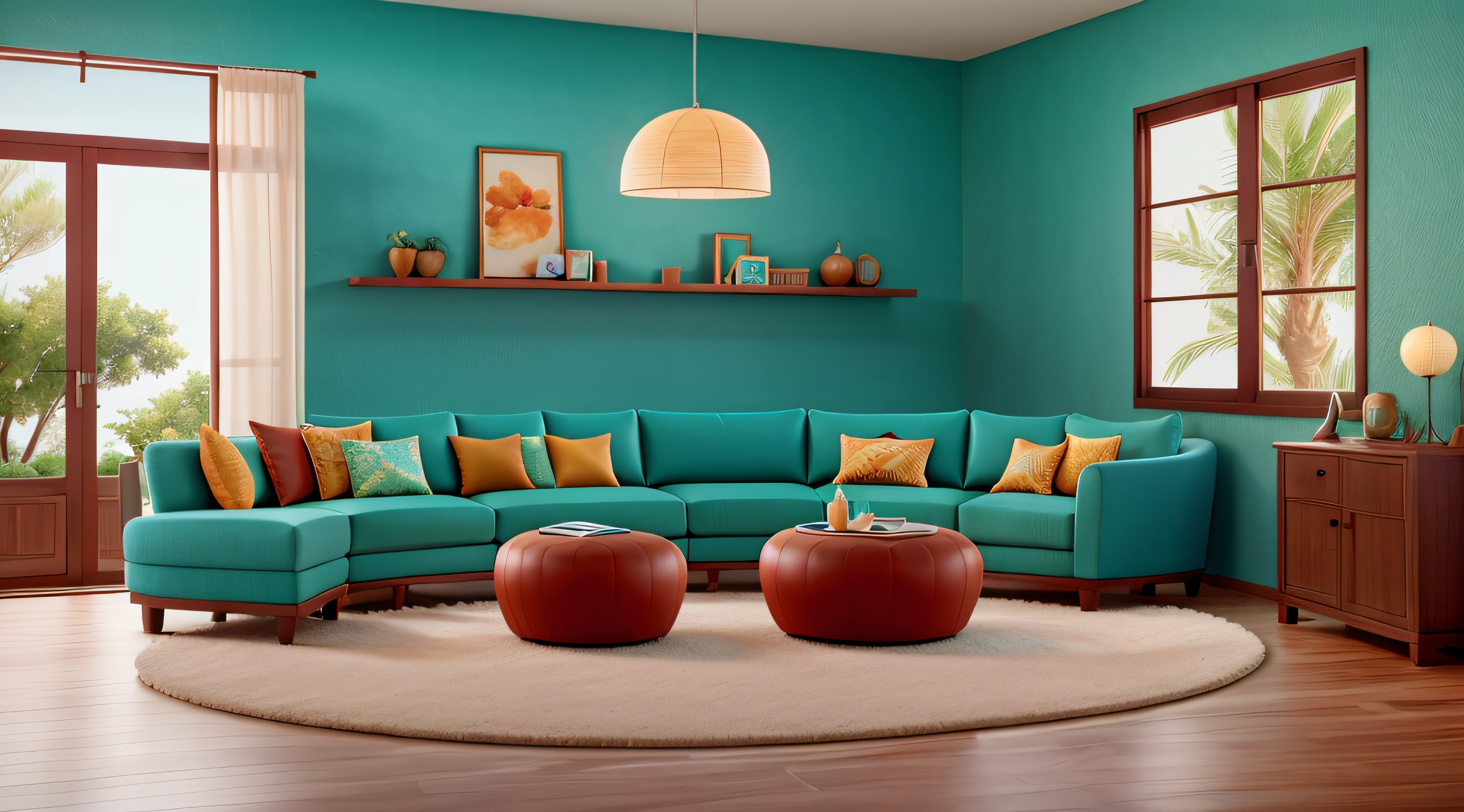 Curved sofa, ottoman and armchair against coral wall with copy space. Japandi style home interior design of modern living room.
