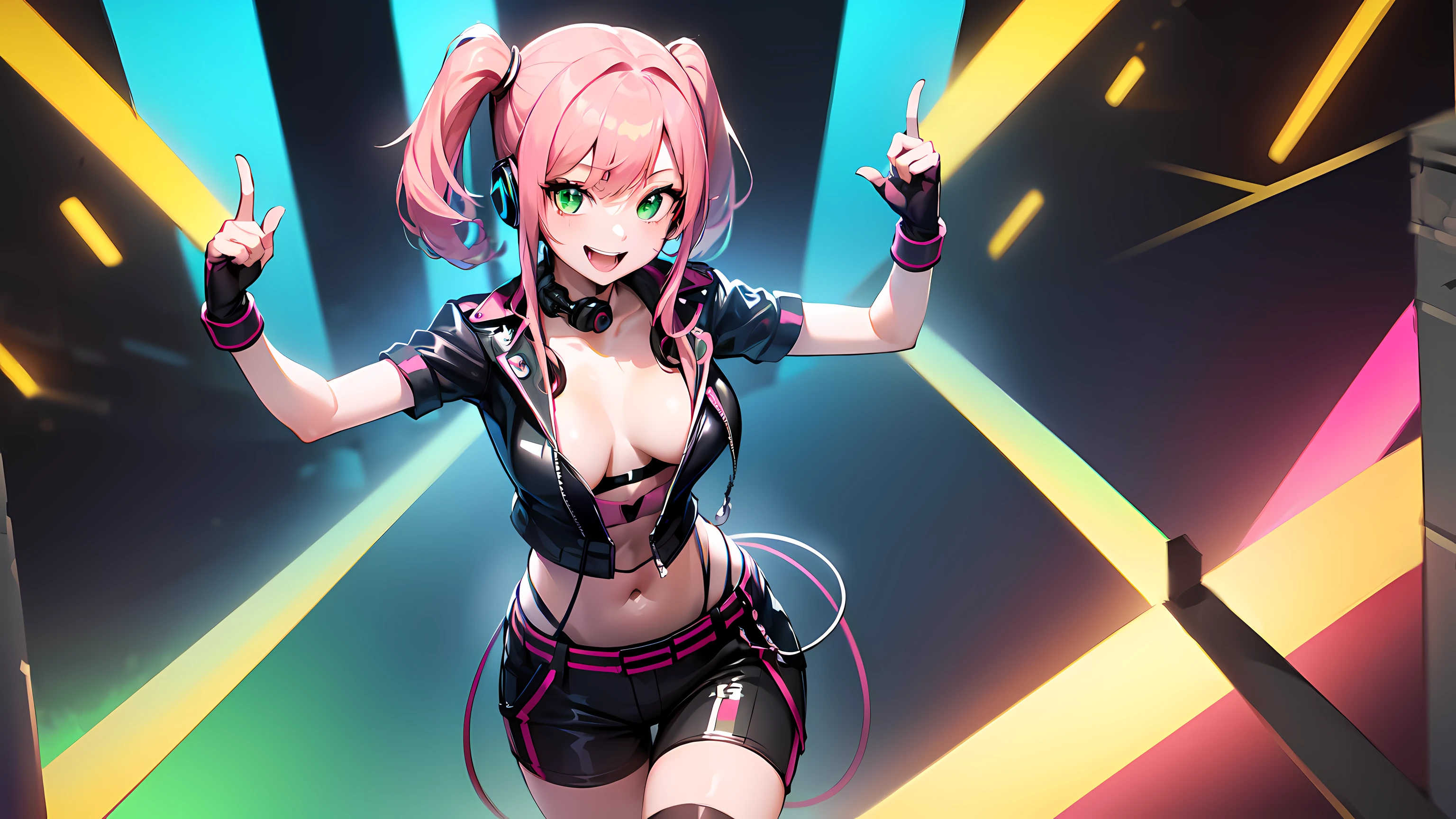 ​hd masterpiece, 1girl, ecchi girl ((20year old, dressed in a cyberpunk club street attire, knee high socks and sneakers, medium breasts:1.3, multicolor pink hair, twin ponytails, perfect model body:1.4, detailed green eyes:1.7, flirting, happy, big smile, wearing headphones, inspired by Yuumei, looking at viewer, cowboy shot:1.3, dancing in a club:1.2, dancing people in the background:1.3, fun and exciting atmosphere:1.2)) ((solo:1.8))