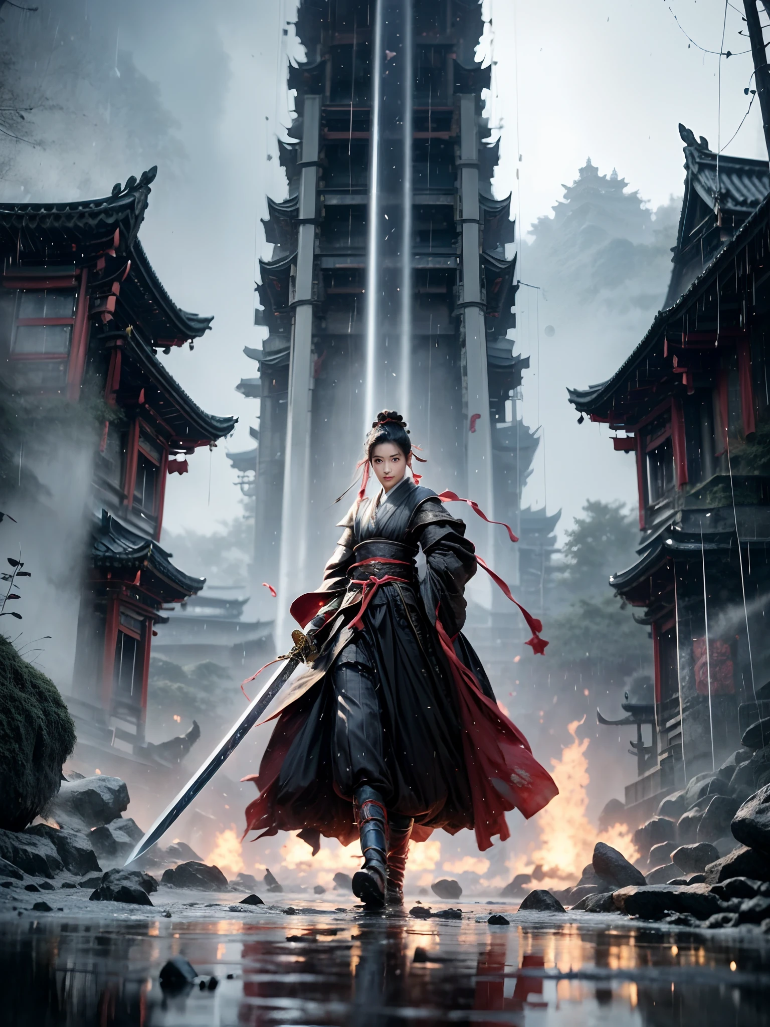 (((1 girll，独奏，Hanfu，shift dresses，Red ribbons，handheldweapons，The sword，looking at viewert, wounded in fight, In heavy rain, swordsman)))，Magnificent, In the background is a huge Buddha statue and pagoda, Celestial, Ethereal, painting of a, Epic, Majestic, magical, Fantasy art, Dreamy，Ethereal fantasy concept art, tmasterpiece，best qualtiy，8K，Crazy details，complexdetails，ultra - detailed，Super mass，high detal