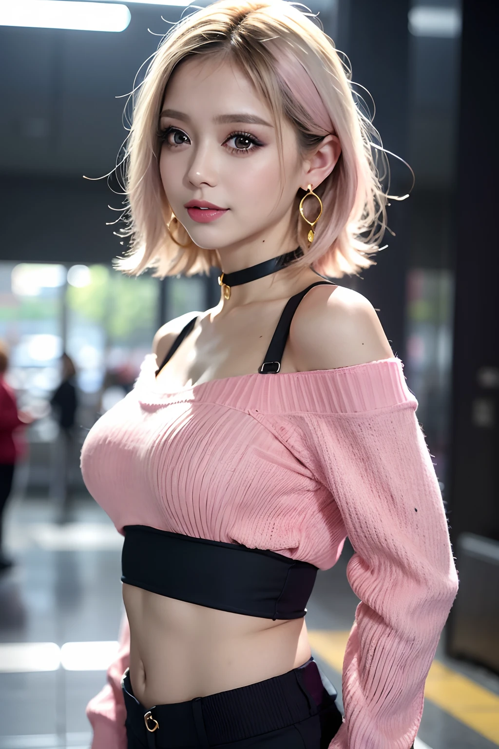 Masterpiece, 32K UHD, award-winning photos, extremely detailed, amazing, fine detail, ridiculous, the most beautiful and sexy Japanese girl, highly detailed, smiling girl, short hair, gold hair,glowing blue eyes, 
BREAK (pink theme:1.4), (vivid colors:1.3), (pink sweater:1.4), (long-sleeve:1.3), ((off shoulder, navel, stomach):1.3),
BREAK (black theme:1.3), ((black oversized pants, black baggy pants):1.3), (black choker:1.2), (earrings:1.2), (lace-up boots:1.1), extremely detailed eyes and face, glare eyes, Drooping eyes, Sneer Natural makeup, cleavage showing,at a shopping mall, highly detailed background, photography 4 Kodak Portra 400 camera F1. 6 colorful lenses, ultra-realistic textures, dramatic lighting IrrealEngine ArtStation Cinestill 800 tungsten light on trends, perfect masterpiece, best quality, best resolution  Best quality, masterpiece, ultra high res, (photorealistic:1.4), raw photo, 1girl,