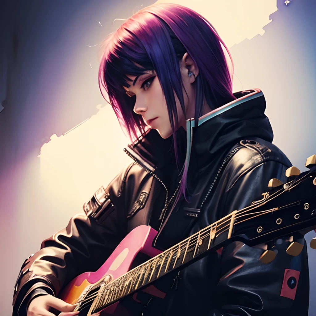 guitar,cyber punk,very watercolor,woman