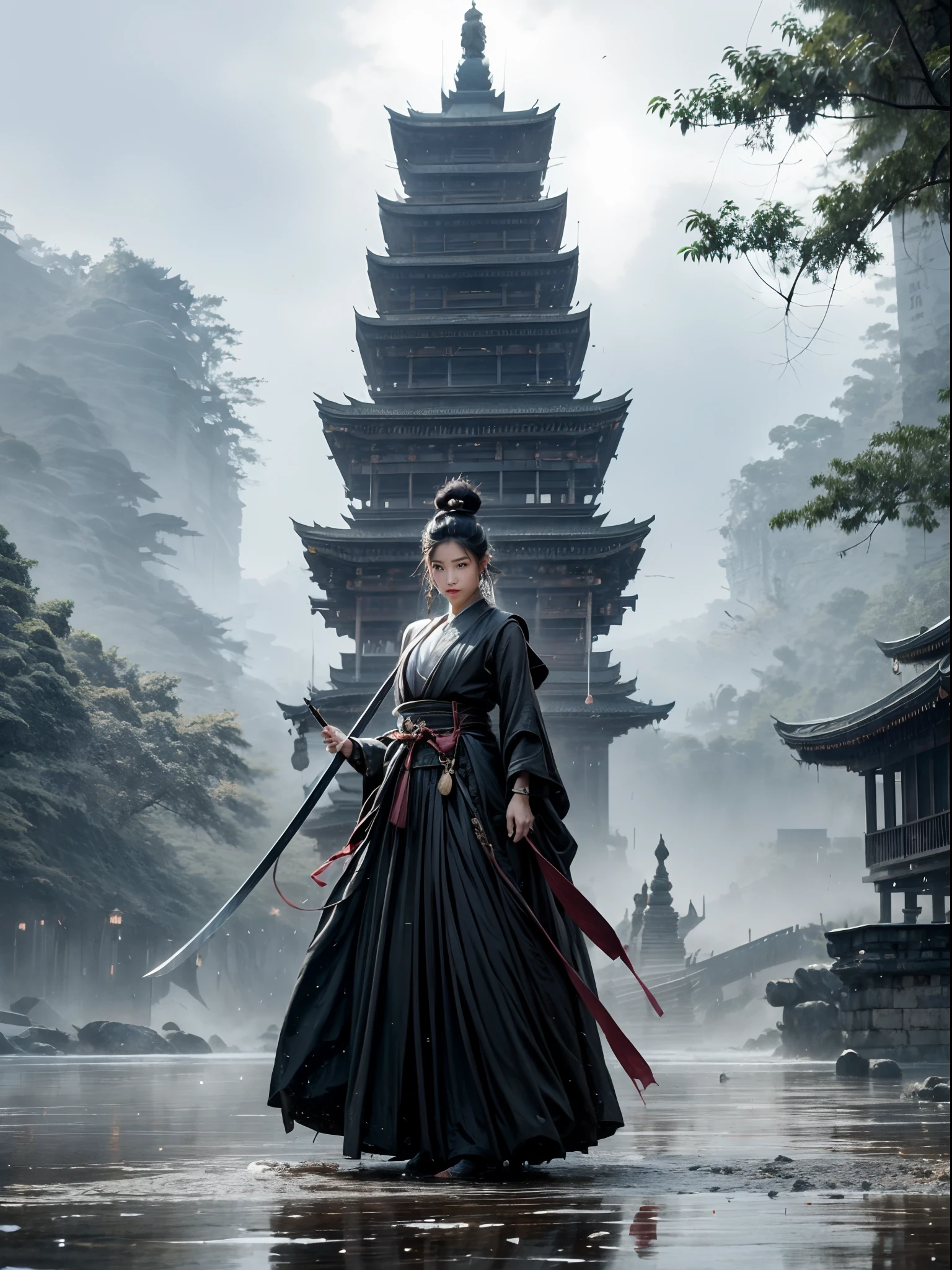 Ethereal fantasy concept art, girl，独奏，Hanfu，shift dresses，Red ribbons，jewely，ventania，longer sleeves，long whitr hair，hair adornments，nipple tassels，handheldweapons，The sword，looking at viewert, wounded in fight, In heavy rain, Cannot fail, Black hair, double bun hair,Blush,Sweat,Tsundere, Magnificent, Celestial, Ethereal, painting of a, Epic, Majestic, magical, Fantasy art, Cover art, Dreamy，swordsman，(dramatics、leathery、vehement：1.4），In the background is a huge Buddha statue and pagoda, tmasterpiece，best qualtiy，8K，Crazy details，complexdetails，ultra - detailed，Super mass，high detal