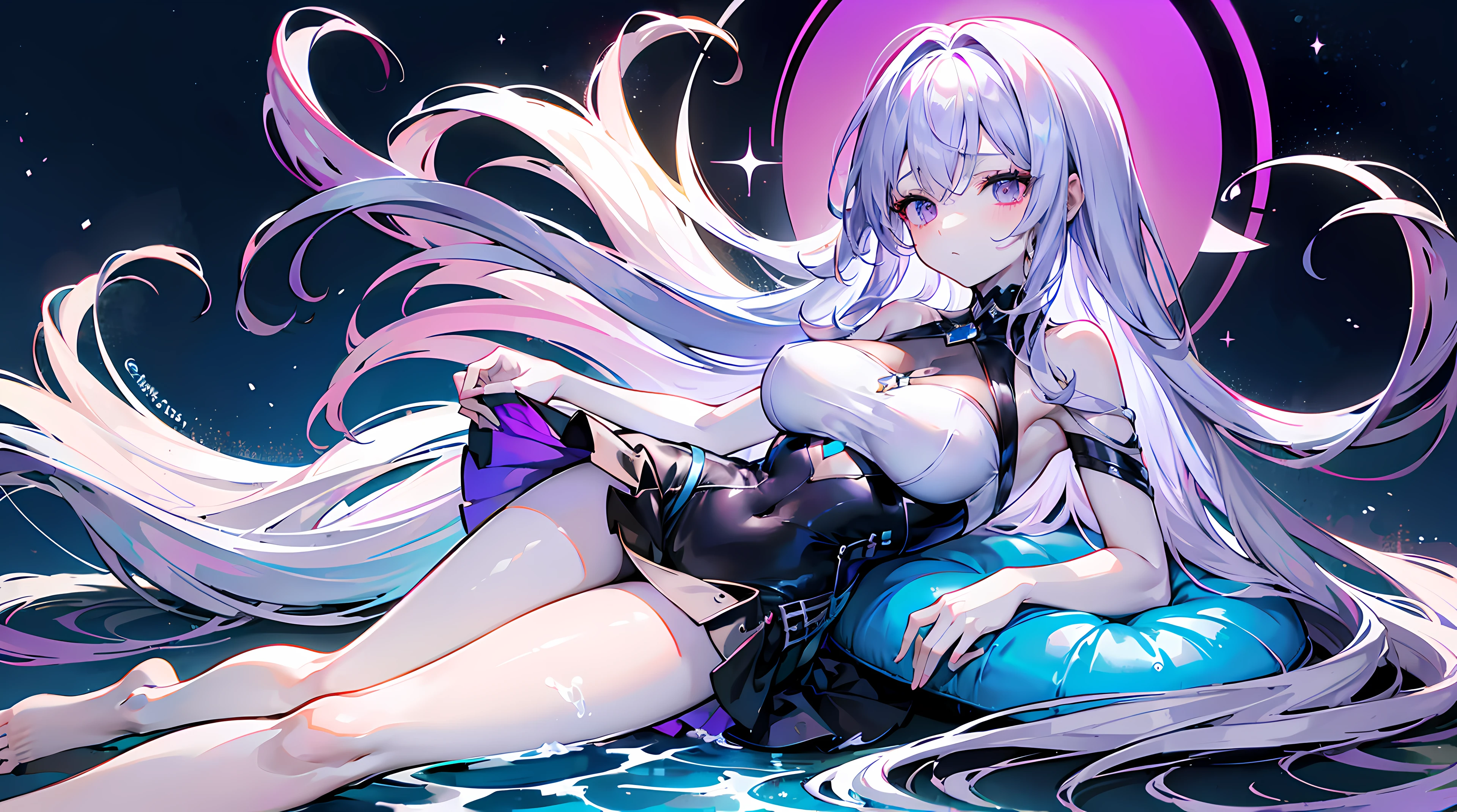 Lilac gradient hair,Asymmetrical hair,((Very voluminous hair 1.8,Hair is well-defined1.5)), hair over shoulders, Messy hair, Very long hair, Shiny hair,(Long hair:1.2),a beauty girl,Sumptuous violet mini skirt,Tall and tall,slenderness,(Looks sad,face drawn and pale,grieves,closing the mouth:1.2) Set against the backdrop of a brilliant dark starry sky,On your stomach,One hand supports his head,Round, Large, Firm breasts,Barefoot,afloat,waterface,Dignified,long leges,long leges,Perfect leg shape,full bodyesbian