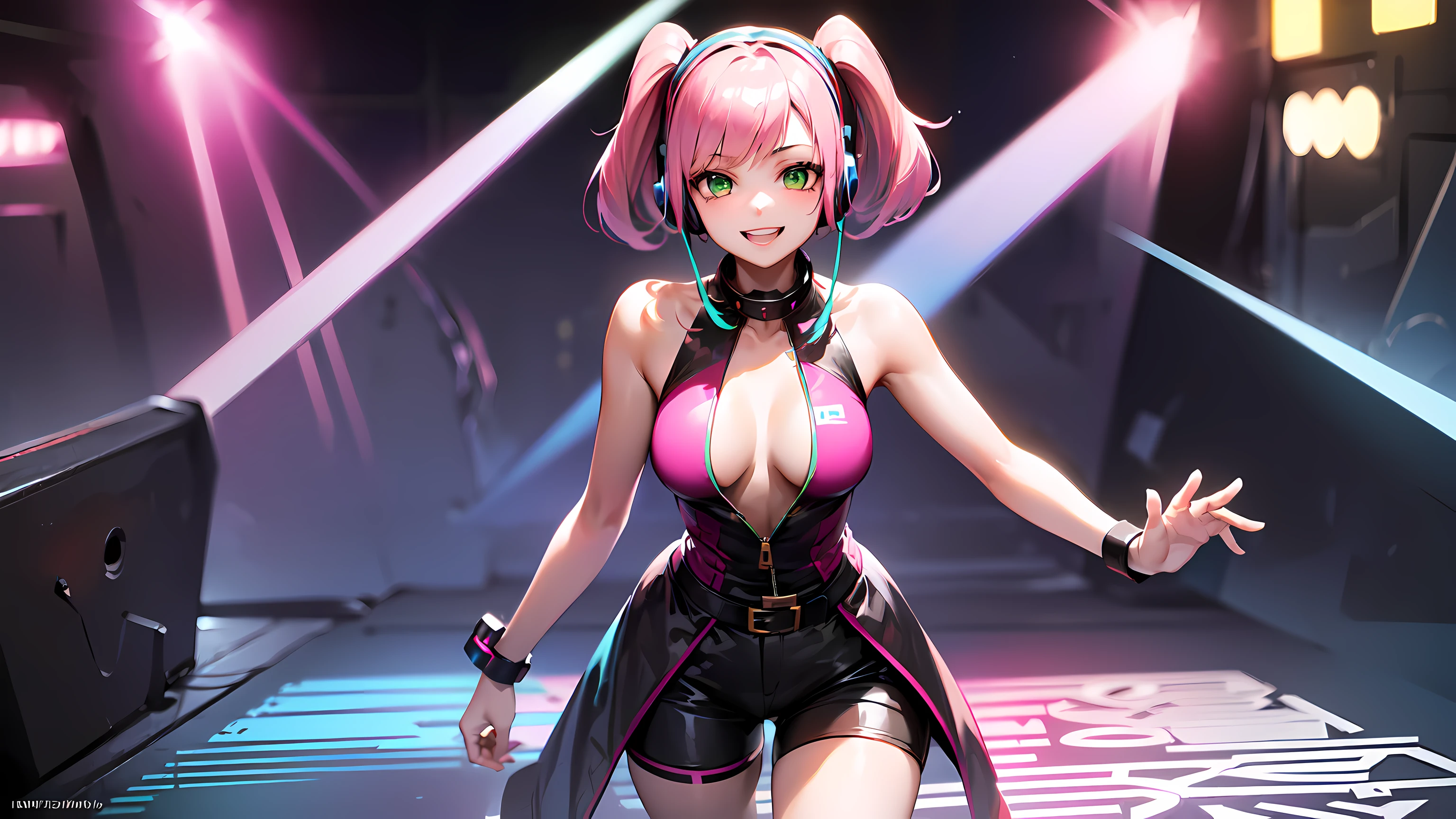 ​hd masterpiece, 1girl, ecchi girl ((20year old, dressed in a cyberpunk club street attire, knee high socks and sneakers, medium breasts:1.3, multicolor pink hair, twin ponytails, perfect model body:1.4, detailed green eyes:1.7, flirting, happy, big smile, wearing headphones, inspired by Yuumei, looking at viewer, cowboy shot:1.3, dancing in a club:1.2, dancing people in the background:1.3, fun and exciting atmosphere:1.2)) ((solo:1.8))