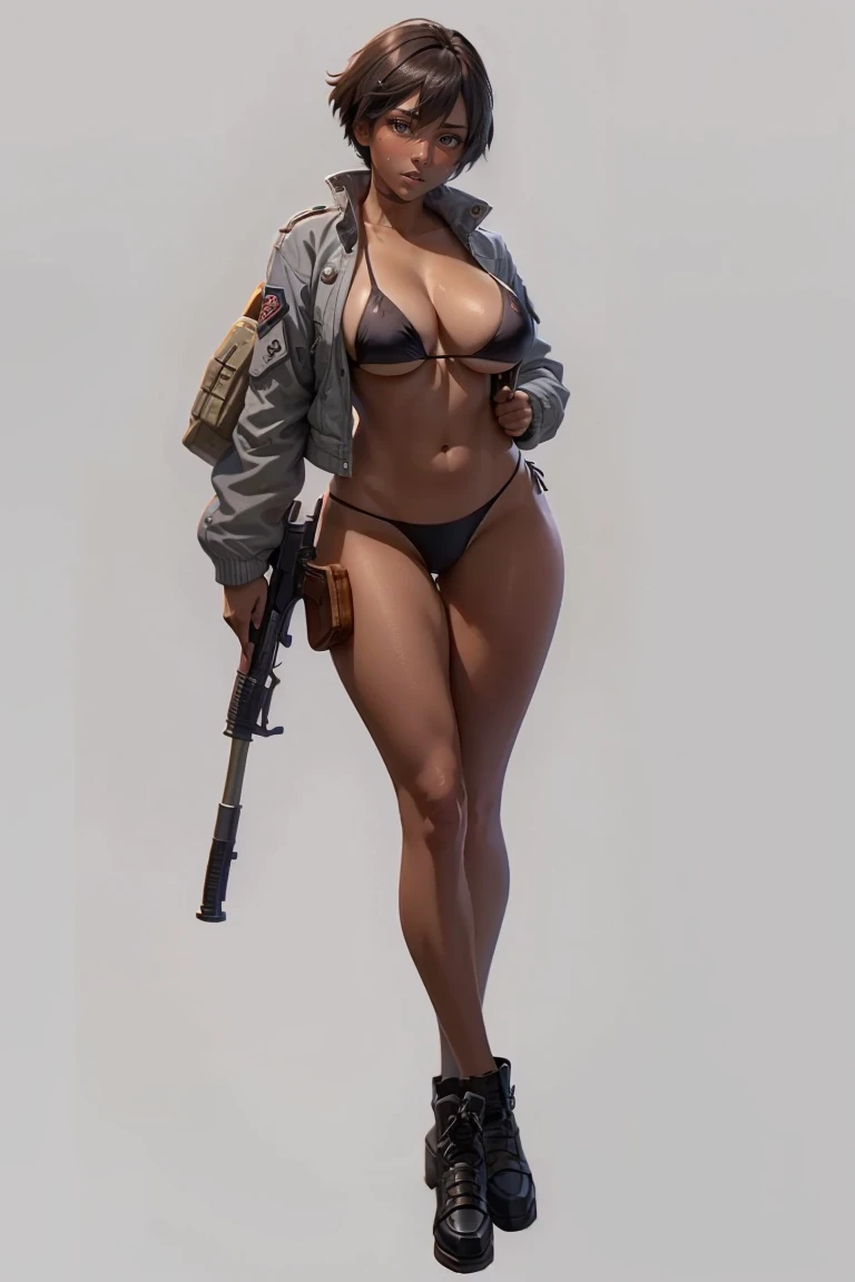 (master piece: 1.1), 1girl, solo, (a cute girl in a bikini and jacket holding a gun), (dark skin), only 1gun, brown skin, flushed face, short bikini, thin body, big breasts, short hair, soldier girl, military girl, ((holding rifle in one hand, detailed fingers between the rifle)), striking a dynamic pose with interaction and leaning, Maximum sharpness, UHD, 16K, anime style, best possible quality, ultra detailed, best possible resolution, (full body image), Unreal Engine 5, ultra-technological, perfect hand, fingers, hand, perfect, better_hands, more detail, ((simple gray background)),