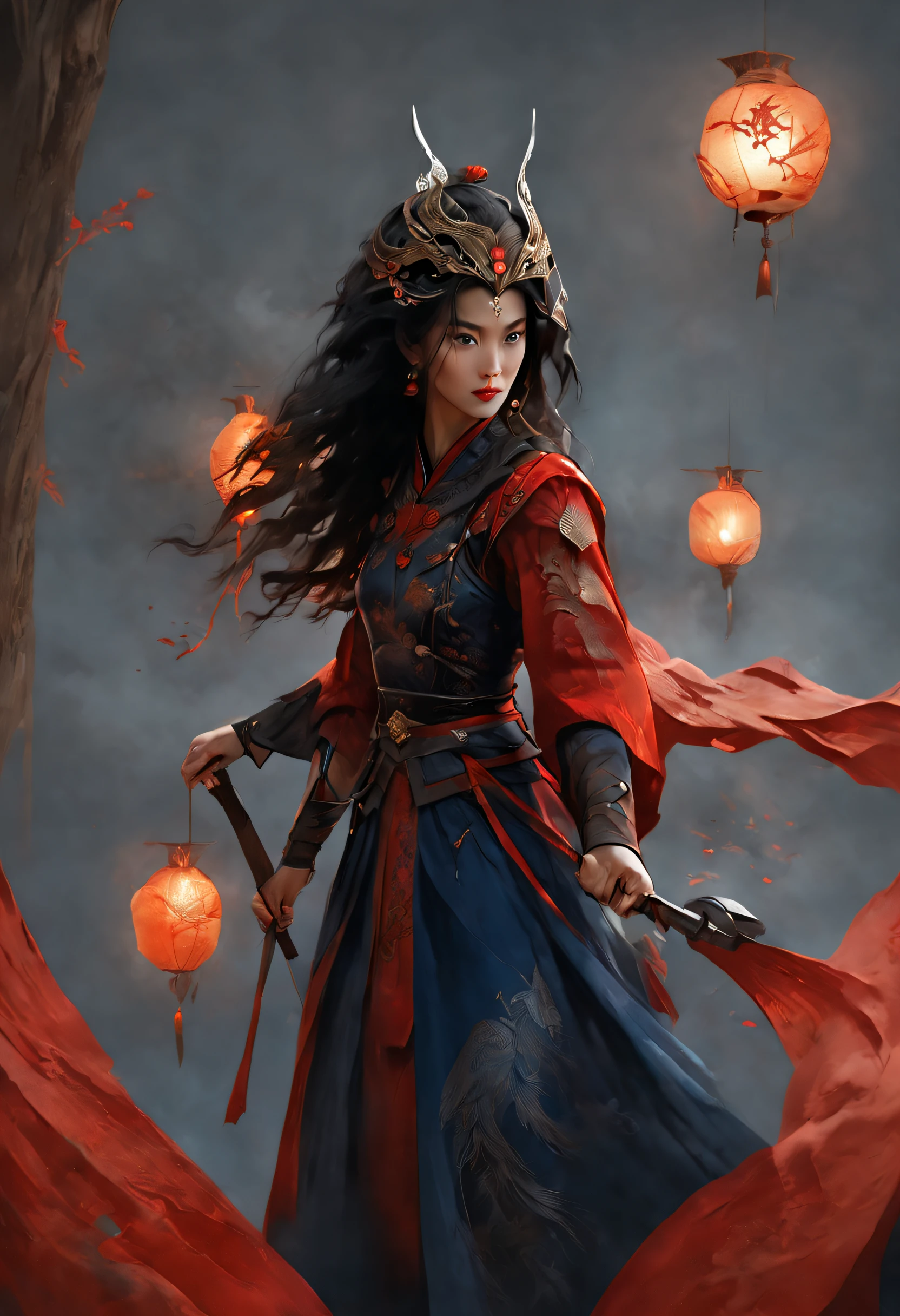 （Mulan, a knight in a phoenix helmet and dark blue armor, wields a long sword），（full bodyesbian），（shelmet），（Mulan wields her sword：1.3），Flashing with cold light，（The hilt of the sword is engraved with a beautiful pattern），Very long hair, Black hair, Big black eyes, Long eyelashes, Sexy red lips, Resolute expression, （perfect hand）, （The upper body wears dark blue armor made of fish scales and iron sheets）, （The armor was also inlaid with golden stars）, （Red skirt：1.2）, （The skirt part is floral embroidery:1.2）, （The cloak is decorated in black and gold）, disney movie《Mulan》， swordsmen，Kungfu，Chinese costume，
Background embroidery: （Scarlet night sky,） （A round of the moon,）（Red Phoenix：1.1，Sand and foam are swirling，Blue gas vortex, swirling sand and foam, dust kicked up，Such as foam，Rivers of blood flow, dead tree，cawing ravens， {{Masterpiece}} ， {{{Best quality}}} ， {{Ultra-detailed}} ， {{{illustration}}} ， {{Disheveled hair}} ，Clear facial features，c4d渲染，，Look up，3Drenderingof，Background with