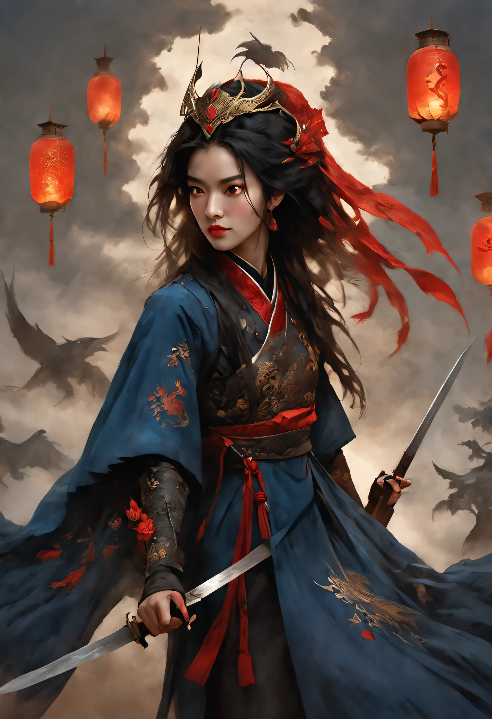 （The knight Mulan wears a phoenix helmet，Wearing dark blue armor，wielding longsword），（full bodyesbian），（shelmet），（Mulan wields her sword：1.3），（A long, long sword：0.8），（Holding a sword in the air：1.3），Flashing with cold light，（The hilt of the sword is engraved with a beautiful dragon carving），Very long hair, Black hair, Big black eyes, Long eyelashes, Sexy red lips, （Resolute expression,） （perfect hand）, （The upper body wears dark blue armor made of fish scales and iron sheets）, （The armor was also inlaid with golden stars）, （Red skirt：1.2）, （The skirt part is floral embroidery:1.2）, （The cloak is decorated in black and gold）, disney movie《Mulan》， swordsmen，Kungfu，Chinese costume，Background embroidery: （Scarlet night sky,） （A round of the moon,）（Red Phoenix：1.1）Jupiter，Recife，Sand and foam are swirling，Blue gas vortex, swirling sand and foam, dust kicked up，Such as foam，Rivers of blood flow, （dead tree），（cawing ravens）， {{Masterpiece}}， {{{Best quality}}}， {{Ultra-detailed}}， {{{illustration}}}， {{Disheveled hair}}，Clear facial features，c4d渲染，，Look up，3Drenderingof，Background with