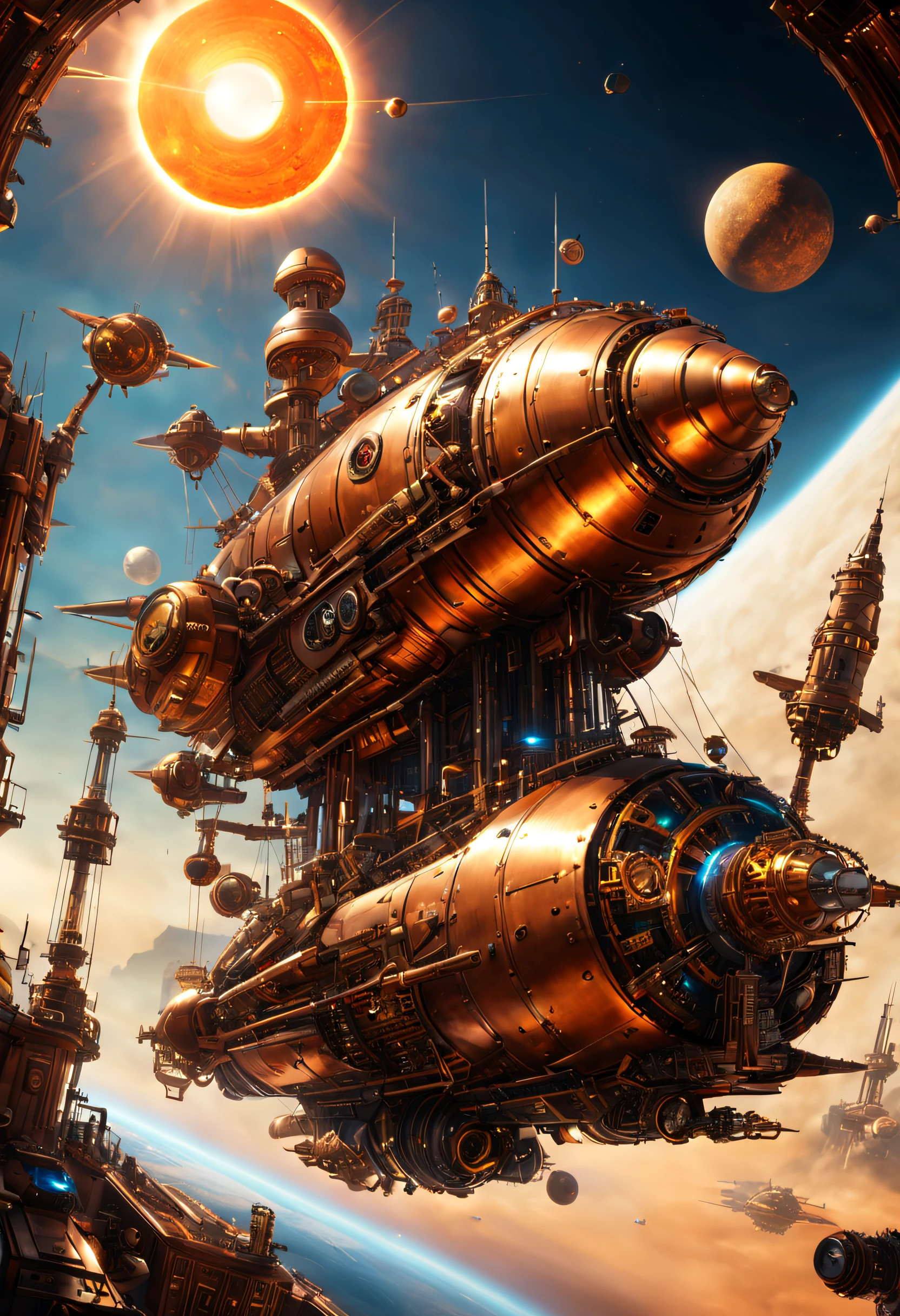 steampunk, A steampunk-inspired sci-fi scene featuring a futuristic spaceship in orbit around a sun-drenched planet. The ship is outfitted with a variety of gizmos and gadgets, all of which appear to be powered by steam.