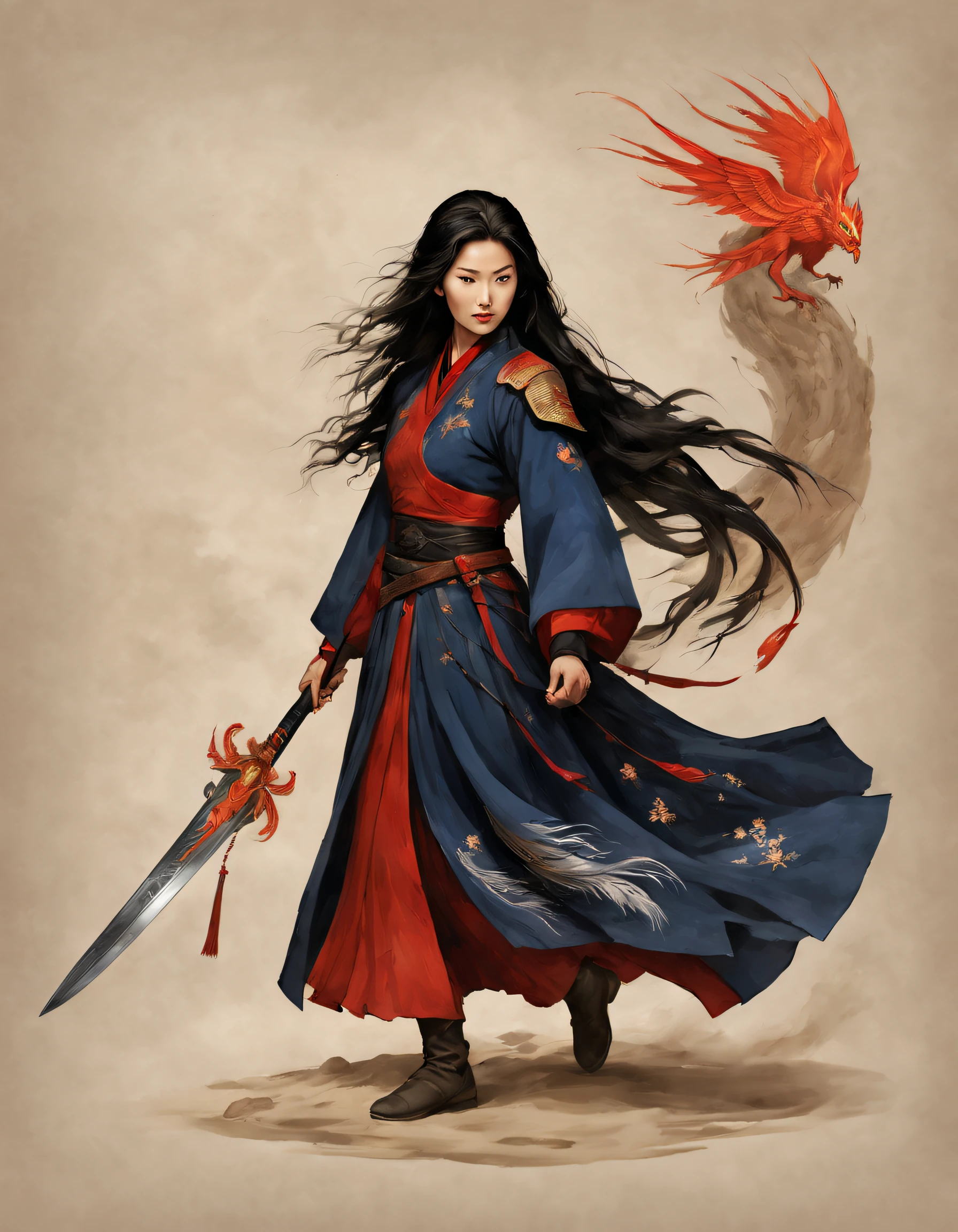 （The knight Mulan wears a phoenix helmet，Wearing dark blue armor，wielding longsword），（full bodyesbian），（shelmet），（Mulan wields her sword：1.3），（A very long and stout sword：0.8），（Slash pose：0.9），Flashing with cold light，（The hilt of the sword is engraved with a beautiful dragon carving），Very long hair, Black hair, Big black eyes, Long eyelashes, Sexy red lips, Resolute expression, （perfect hand）, （The upper body wears dark blue armor made of fish scales and iron sheets）, （The armor was also inlaid with golden stars）, （Red skirt：1.2）, （The skirt part is floral embroidery:1.2）, （The cloak is decorated in black and gold）, disney movie《Mulan》， swordsmen，Kungfu，Chinese costume，Background embroidery: （Scarlet night sky,） （A round of the moon,）（Red Phoenix：1.1）Jupiter，Recife，Sand and foam are swirling，Blue gas vortex, swirling sand and foam, dust kicked up，Such as foam，Rivers of blood flow, （dead tree），（cawing ravens）， {{Masterpiece}}， {{{Best quality}}}， {{Ultra-detailed}}， {{{illustration}}}， {{Disheveled hair}}，Clear facial features，c4d渲染，，Look up，3Drenderingof，Background with