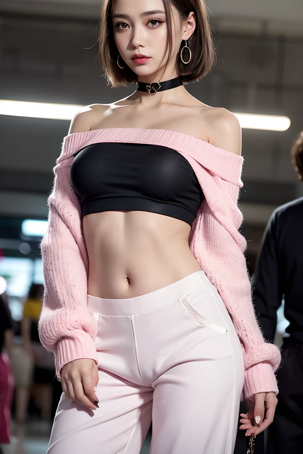 Masterpiece, 32K UHD, award-winning photos, extremely detailed, amazing, fine detail, ridiculous, the most beautiful and sexy Japanese girl, smile, short hair, Light brown hair,glowing blue eyes,
BREAK (pink theme:1.4), (vivid colors:1.3), (White sweater:1.4), (long-sleeve:1.3), ((off shoulder, navel, stomach):1.3),
BREAK (black theme:1.3), ((black oversized pants, black baggy pants):1.3), (black choker:1.2), (earrings:1.2), (lace-up boots:1.1), Drooping eyes , glare eyes,Sneer nude makeup, cleavage showing,at a shopping mall, highly detailed background, photography 4 Kodak Portra 400 camera F1. 6 colorful lenses, ultra-realistic textures, dramatic lighting IrrealEngine ArtStation Cinestill 800 tungsten light on trends, perfect masterpiece, best quality, best resolution Best quality, masterpiece, ultra high res, (photorealistic:1.4), raw photo, 1girl,