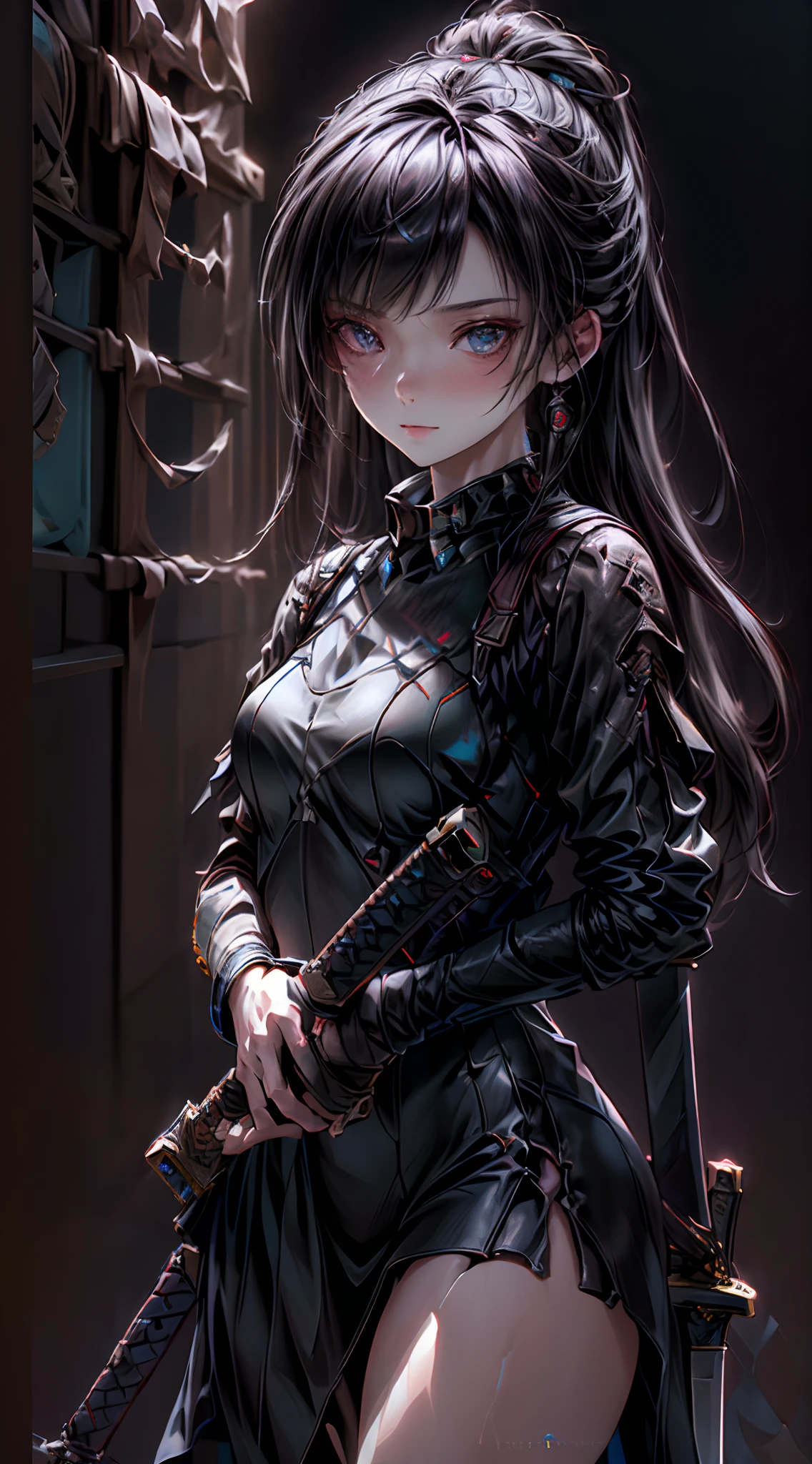 ((top-quality)), ((​masterpiece)), (detaileds:1.4), 。.。.。.。.。.3D, Beautiful Cyberpunk Woman Image,nffsw(HighDynamicRange),Ray traching,NVIDIA RTX,Hyper-Resolution,Unreal 5,Sub-surface scattering,PBR Texturing,Postprocess,Anisotropy Filtering,depth of fields,Maximum clarity and sharpness,multi-layer texture,Albedo and specular maps,Surface Shading,Accurate simulation of light-material interactions,perfectly proportions,Octane Rendering,Two-tone lighting,Wide aperture,Low ISO、White Balance、thirds rule、8K Raw、((Holding an assault rifle in your hand))(((Carrying a sword on his back)))