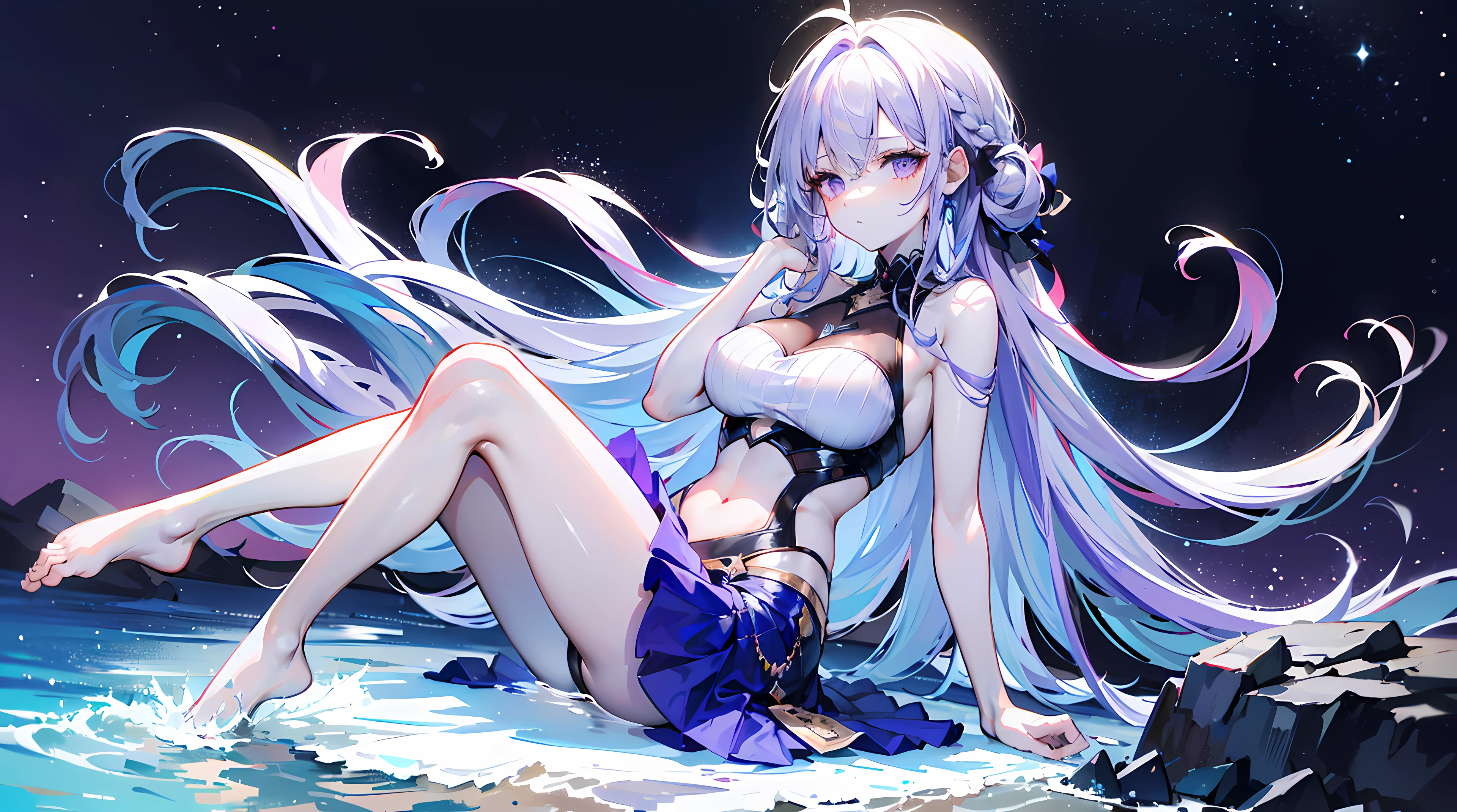Lilac gradient hair,Asymmetrical hair,((Very voluminous hair 1.8,Hair is well-defined1.5)), hair over shoulders, Messy hair, Very long hair, Shiny hair,(Long hair:1.2),a beauty girl,Sumptuous violet mini skirt,Tall and tall,slenderness,(Looks sad,face drawn and pale,grieves,closing the mouth:1.2) Set against the backdrop of a brilliant dark starry sky,On your stomach,One hand supports his head,Round, Large, Firm breasts,Barefoot,afloat,waterface,Dignified,long leges,long leges,Perfect leg shape,full bodyesbian