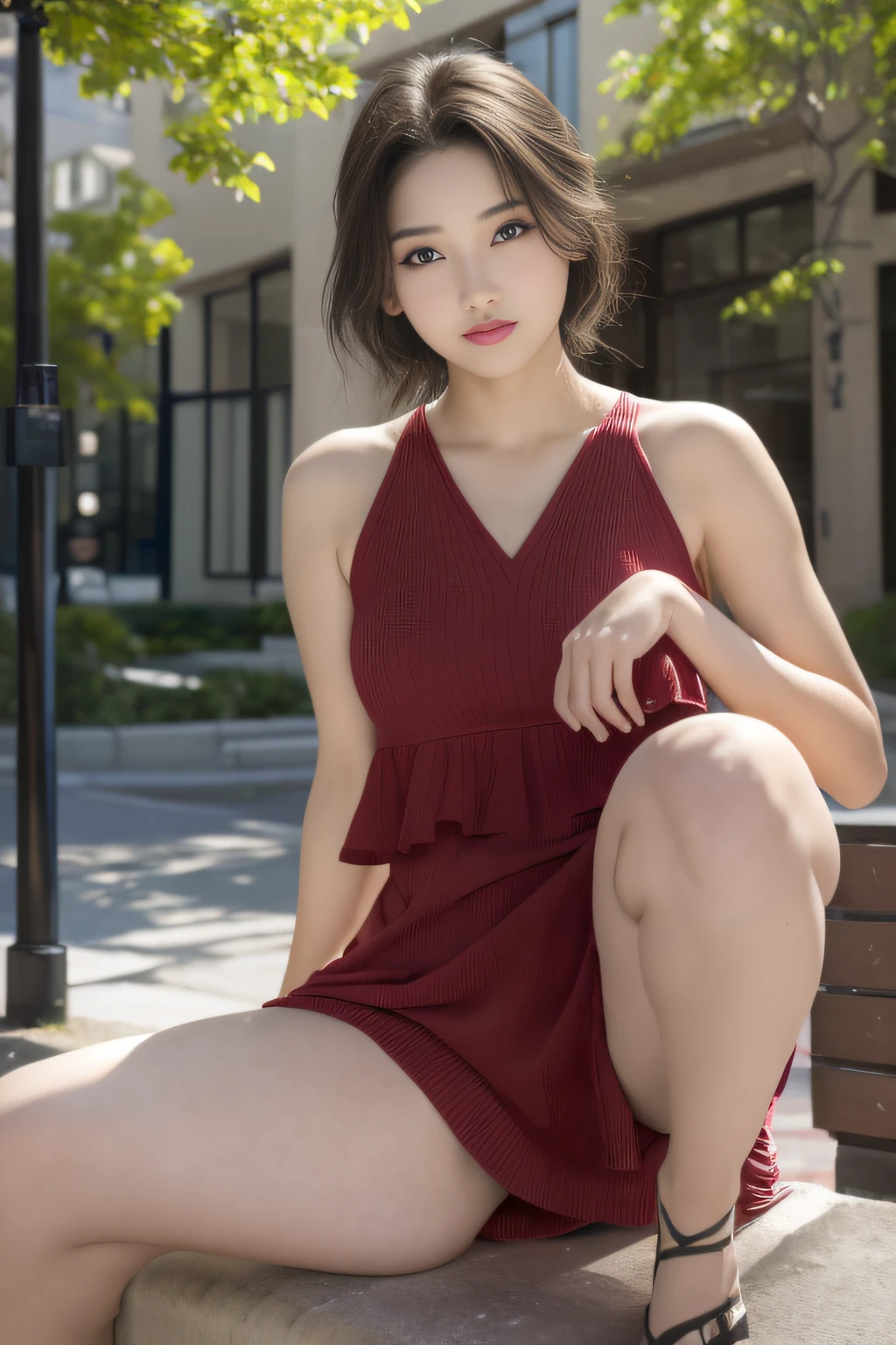 Top image quality, masterpiece,Black eye, 1womanl, 25-years old, (((femele))), 独奏, realisitic, Photorealsitic, 8K, hight resolution, 独奏, extra detailed face, (profetional lighting、bokeh dof), (light particules、lensflare、Luminous particles:0.6), (dynamicposes:1.2), Soft lighting, Top Angle View, Fashionable and trendy atmosphere, jpn, a street, TOKYOcty, , ((during daytime)), Skysky, ((Look at viewers:1)), (looking in camera)、(portlate:0.6)、a gorgeous、is standing、Keep the original facial proportions、broad shoulder、full body Esbian、(Large breasts)、(Medium Hair)、brown haired、Floating hair、s lips、lipsticks、seducting smile、Floating hair、A smile、Open_Mouth、tusk、flowery pattern summer dress、Eye lashes、(At 8K、Raw photography、Highest Quality、realisitic、Photorealsitic、Professional Lighting、masterpiece、extremely delicate and beautiful、Highly detailed、finely detail、ultra-detailliert、hight resolution、beautiful and detailed face、Textured skin、full-shot:2、low angles:1.5)、1girl in、独奏:2、beautiful model、Beautiful expression:1.5、a short skirt、Blue Panties:2、String panties、Long body、college aged、18year old、brown curled head hair、high-heels、Accessories for the neck and hands、Branded Bags、a park、In a city with many people