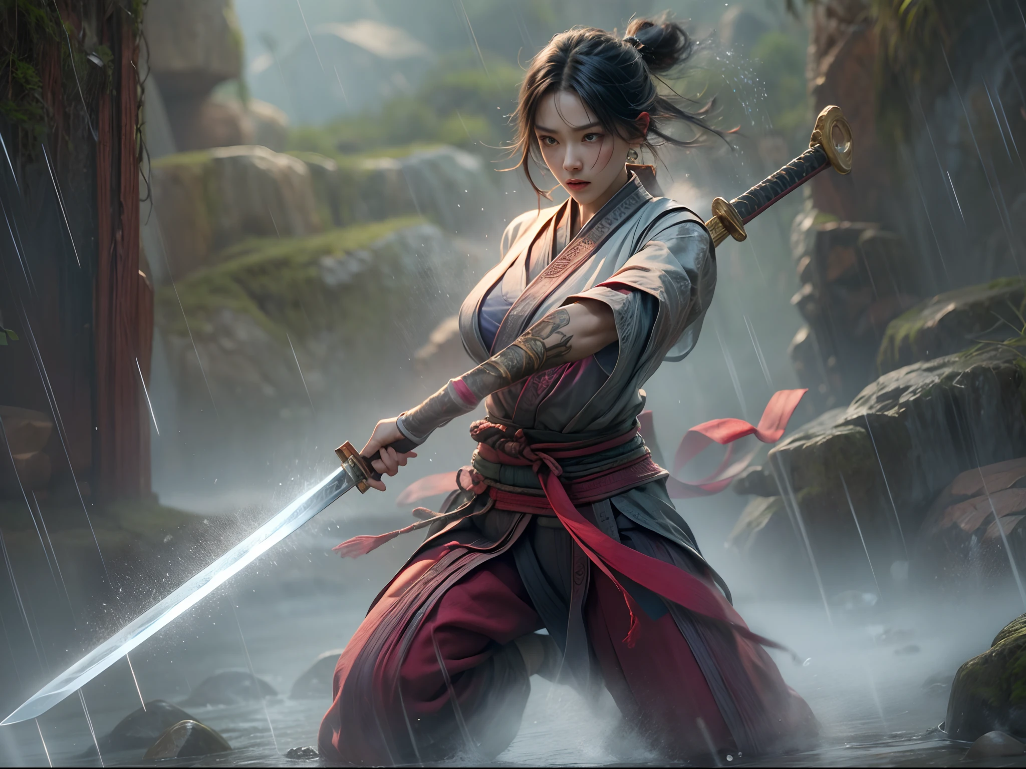 1个Giant Breast Girl,Kungfu,(arma,long sword), Valley woods,Surrounded by rain,Illustration style,motionblur,Prolonged exposure to the whole body,(exquisitefacialfeatures,Perfect hand features),Chinese ink style,Martial arts style,Selective focusing,in a panoramic view,(Bokeh:1.5),tmasterpiece,ultra - detailed,Epic composition,HighestQuali,16K
