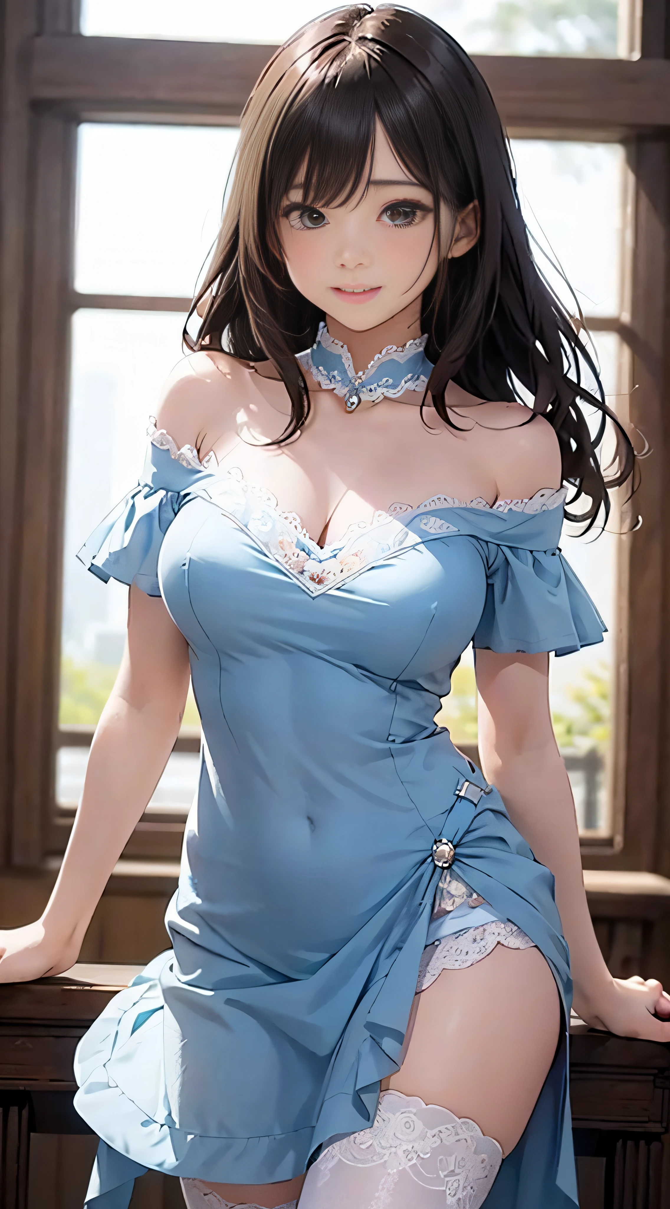 {8K Photo Quality:1.2}、{Ultra-high resolution photo quality:1.2}、{Super Real 1.2}、{Perfect limbs}、masutepiece、1womanl、Solo、Light Blue Off-Shoulder、White and Blue Companion Costume、Light blue flared skirt、Lace pantie、Puffy nipple、Event Venues、Slouching Chest Emphasis Pose、Shyness、Dynamic sexy poses、smil、Long Wave Hair、Big breasts、Stockings、up skirt