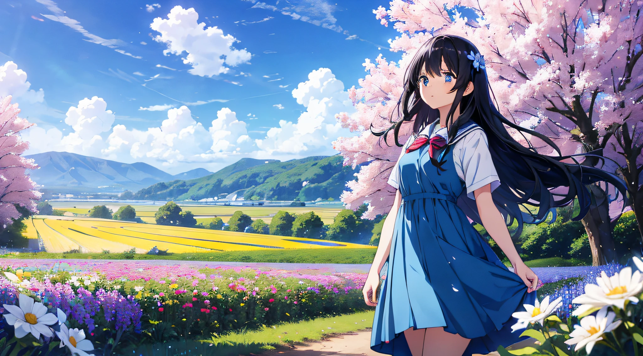 anime girl standing in a countryside, flower fields, blowing air, clear sky, blue dress, long black hair, blue eyes, small breasts, looking up into the sky, school girl, ultrasharp, masterpiece, high res, 8k