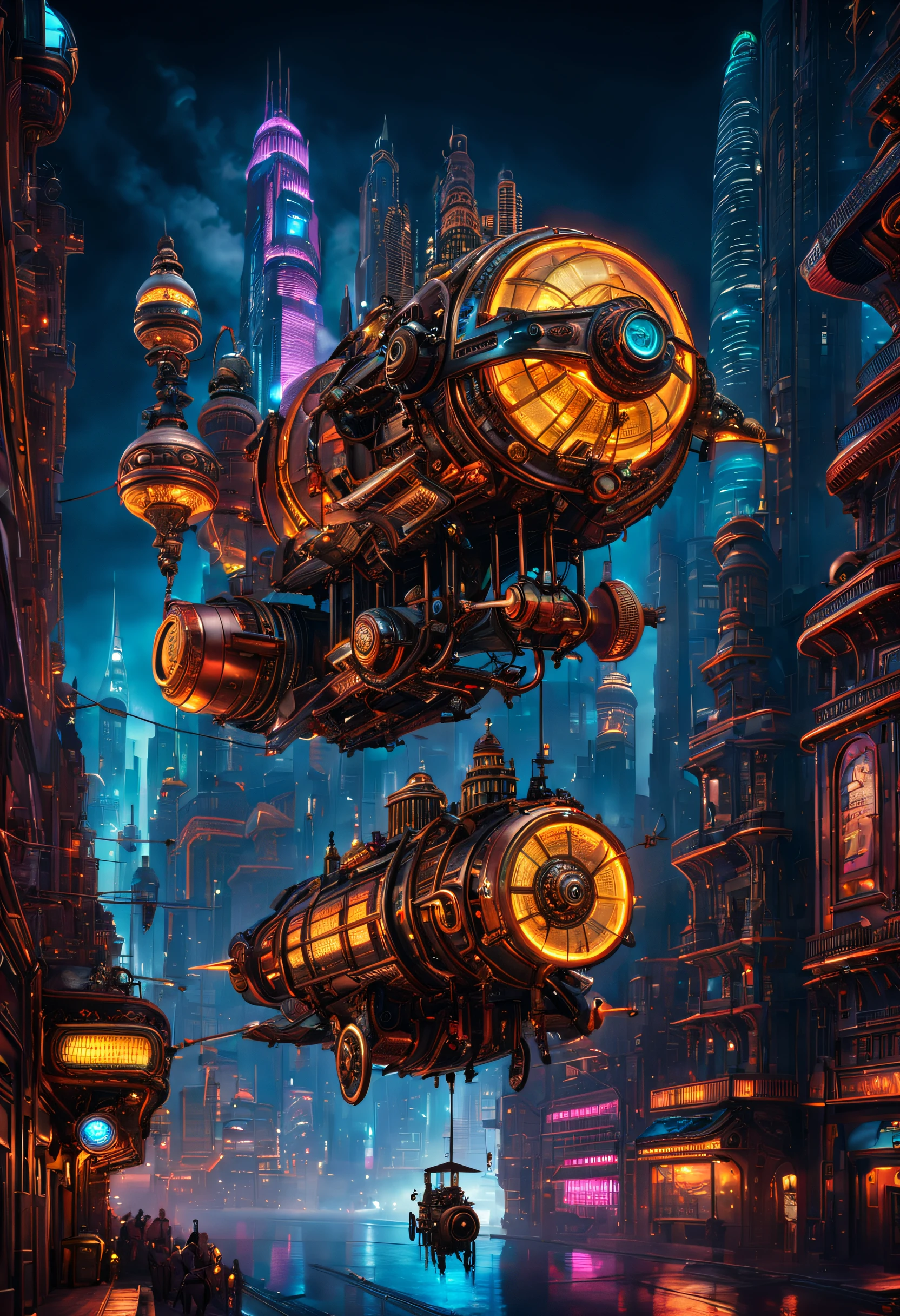 steampunk, A retro-futuristic steam powered ornate flying machine glides through the neon-lit streets of a futuristic metropolis. In the distance, towering skyscrapers loom ominously against the night sky.