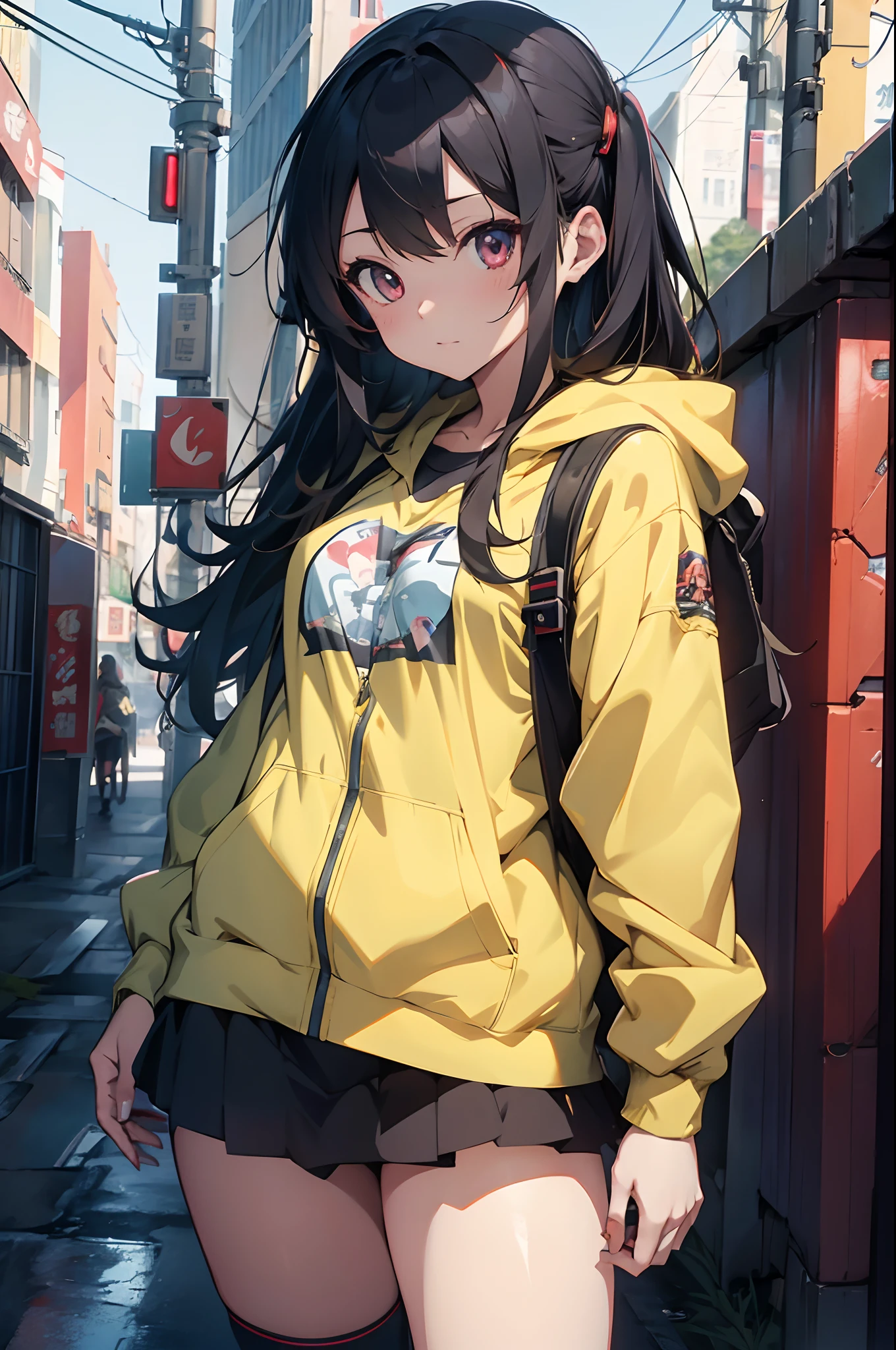 anime girl with a gun and a backpack standing in front of a wall of newspapers, long green hair, emo, Trendy Girl, wearing a cool jacket, cap, red brake wall with newspaper background, anime style 4 k, artwork in the style of guweiz, best anime 4k konachan wallpaper, cyberpunk anime girl in hoodie, anime art wallpaper 8 k, e-girl, e - girl, guweiz, anime style. 8k, anime art wallpaper 4 k