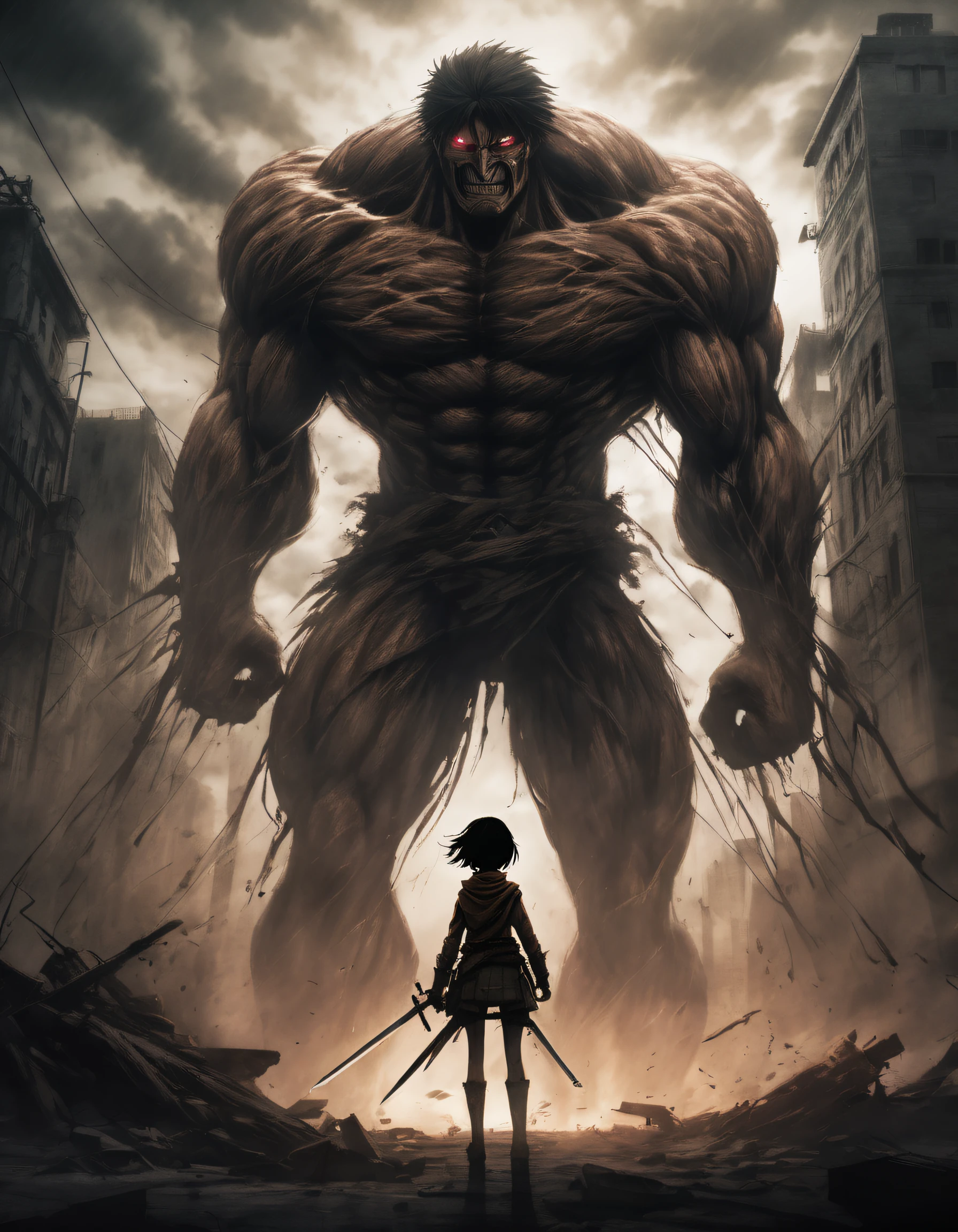 A powerful and intense scene from "Attack on Titans" by Hajime Isayama unfolds with the tall, muscular figure of a Giant (1.5). The Giant dominates the frame, exuding an aura of sheer strength and menace. Its towering presence casts a dark shadow over the surroundings, sending a chill down the viewers' spines.
Mikasa (1.5), a skilled and determined warrior, stands in the foreground. Her eyes pierce through the darkness with a fierce determination, reflecting her unwavering resolve to protect humanity. The wind tousles her hair, emphasizing the dynamic energy of the scene.
The art is rendered in a medium reminiscent of gritty illustrations (1.2), with every line and stroke depicting the raw intensity of the story. The details are ultra-detailed, capturing the texture of the Giant's rough skin and Mikasa's battle-worn attire. The shadows play a crucial role, enhancing the atmosphere of danger and uncertainty.
The color palette leans towards dark and desaturated tones, reflecting the grim and harrowing nature of the post-apocalyptic world. The lighting is dramatic, highlighting the contrasting areas of brightness and darkness. Studio lighting techniques enhance the realism and evoke a cinematic vibe.
This prompt is all about capturing the essence of "Attack on Titans" (1.5) - the intense battles, the towering threat of the Giant, and Mikasa's unwavering determination. It aims to create a masterpiece (1.2), transporting viewers into the heart of the action and immersing them in the dark beauty of this dystopian world.