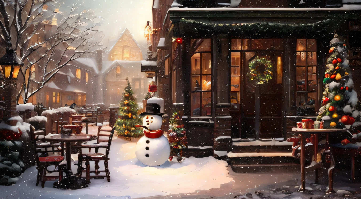 snowy scene of a snowy street with a snowman and christmas trees, winter scene fantasy, snowy winter scene, snowy winter christmas night, photorealistic matte painting, cozy cafe background, winter in the snow, highly detailed scene, inspired by Ernest William Christmas, cosy enchanted scene, thomas kinkade style, magical scene, thomas kinkade style painting, illustration!