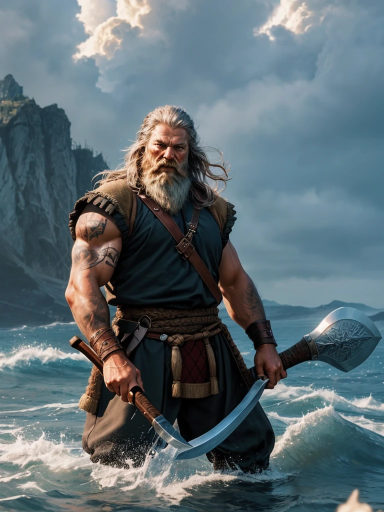 Um homem de 53 anos, com barba e cabelos longos, A Viking wields an axe, With a fierce expression in the middle of a bloody battle. Ao fundo, His wooden ship is seen scarred by the ravages of war. Your body is wounded, em uma atmosfera chuvosa com raios.

((He's interacting and leaning on his battle axe, Maximum sharpness, UHD, 16k, estilo viking, best possible quality, ultra detalhado, best possible resolution, ((Imagem de corpo inteiro de um homem)), Motor Unreal 5, perfect hand, Dedos, hand, perfeito, melhor_Hands, Mais detalhes, Foi)).
