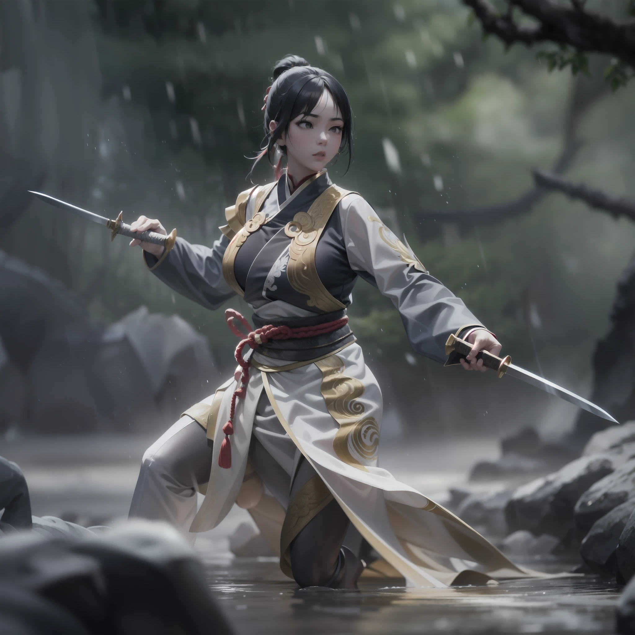 1个Giant ?????? Girl，Kungfu，swordsmen，With a long knife in his hand, It is on the defensive，Valley woods，Surrounded by rain，Illustration style，motionblur，Prolonged exposure to the whole body，exquisitefacialfeatures，Chinese ink style，Martial arts style，Selective focusing，in a panoramic view，（Bokeh:1.5），tmasterpiece，ultra - detailed，Epic composition，HighestQuali，4K