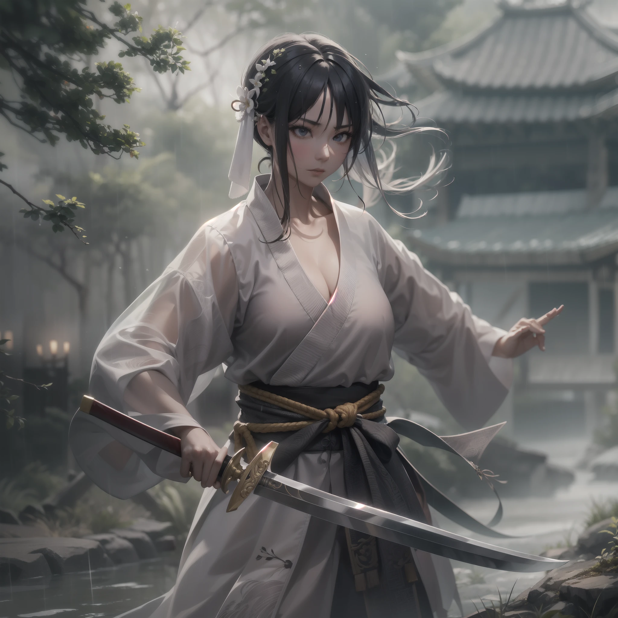 1个Giant Breast Girl,Kungfu,swordsmen,With a long knife in his hand, It is on the defensive,Valley woods,Surrounded by rain,Illustration style,motionblur,Prolonged exposure to the whole body,exquisitefacialfeatures,Chinese ink style,Martial arts style,Selective focusing,in a panoramic view,(Bokeh:1.5),tmasterpiece,ultra - detailed,Epic composition,HighestQuali,4K