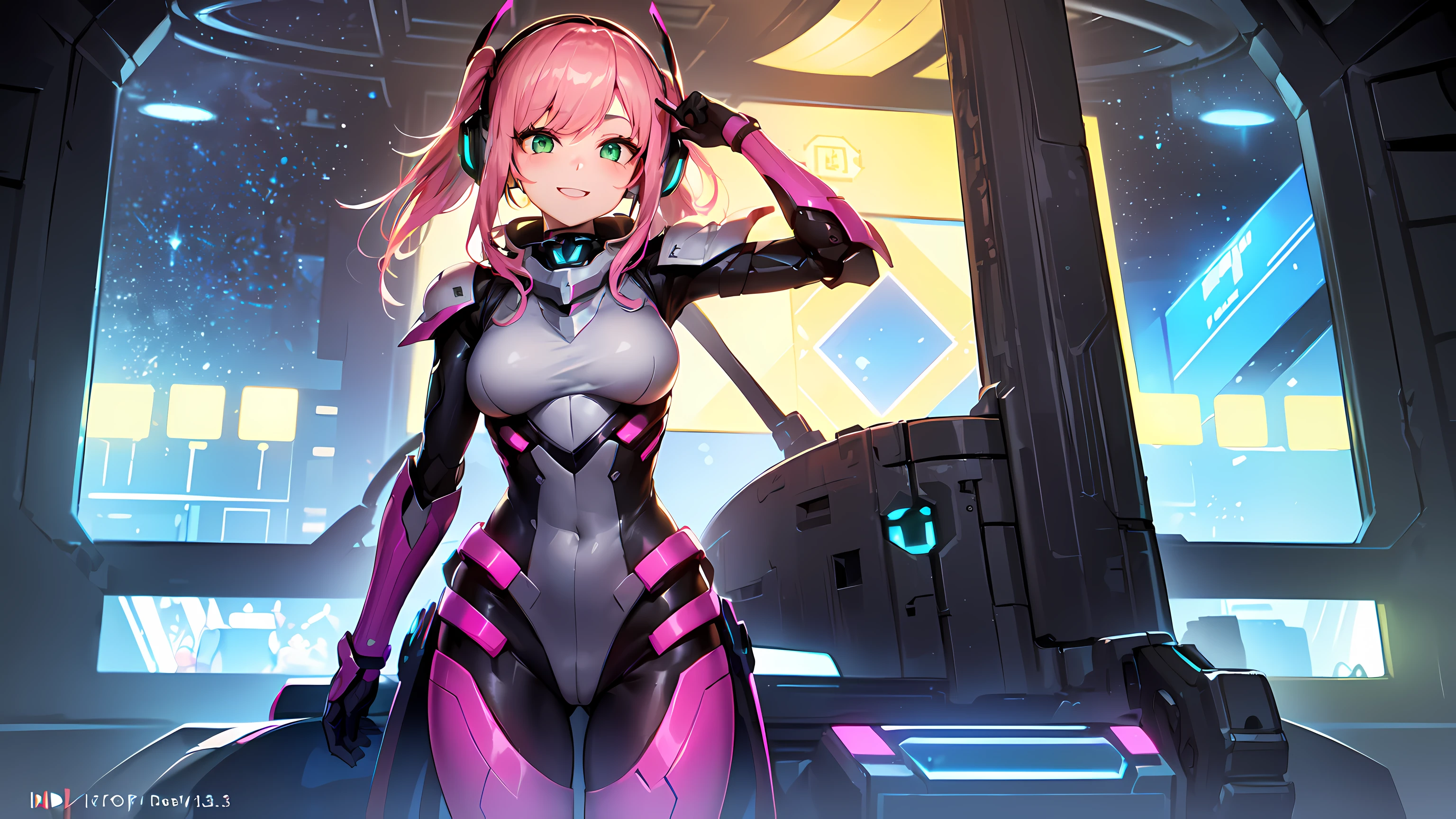 hd masterpiece, 1girl, ecchi girl ((20year old, dressed in a futuristic tight mecha body armor, boots, medium breasts:1.3, multicolor pink hair, twin ponytails, perfect model body:1.4, detailed green eyes:1.7, flirting, happy, big smile, wearing headphones, inspired by Yuumei, looking at viewer, cowboy shot:1.3, standing in a spaceship hangar:1.2, windows showing a galaxy in the background:1.3, fun and exciting atmosphere:1.2)) ((solo:1.8)) ((galaxy and stars))