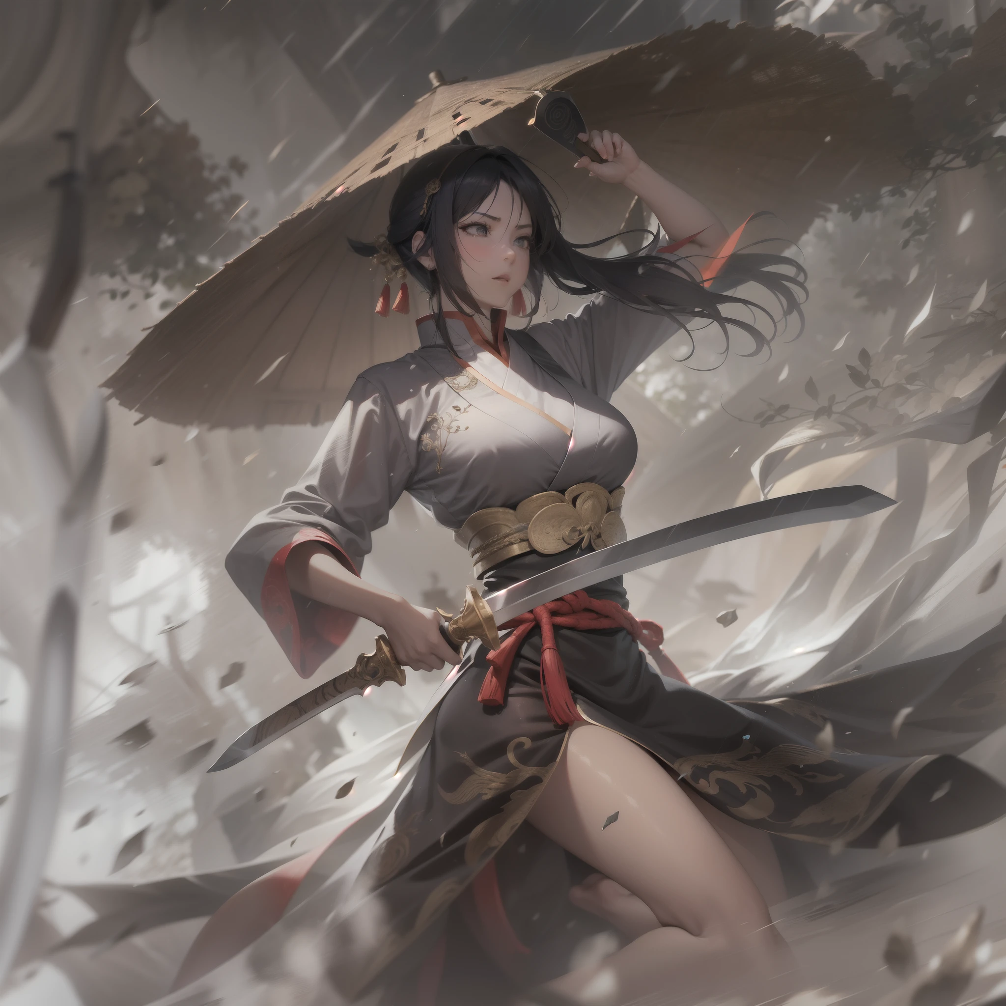 1个Giant Breast Girl,Kungfu,swordsmen,With a long knife in his hand, It is on the defensive,Valley woods,Surrounded by rain,Illustration style,motionblur,Prolonged exposure to the whole body,exquisitefacialfeatures,Chinese ink style,Martial arts style,Selective focusing,in a panoramic view,(Bokeh:1.5),tmasterpiece,ultra - detailed,Epic composition,HighestQuali,4K