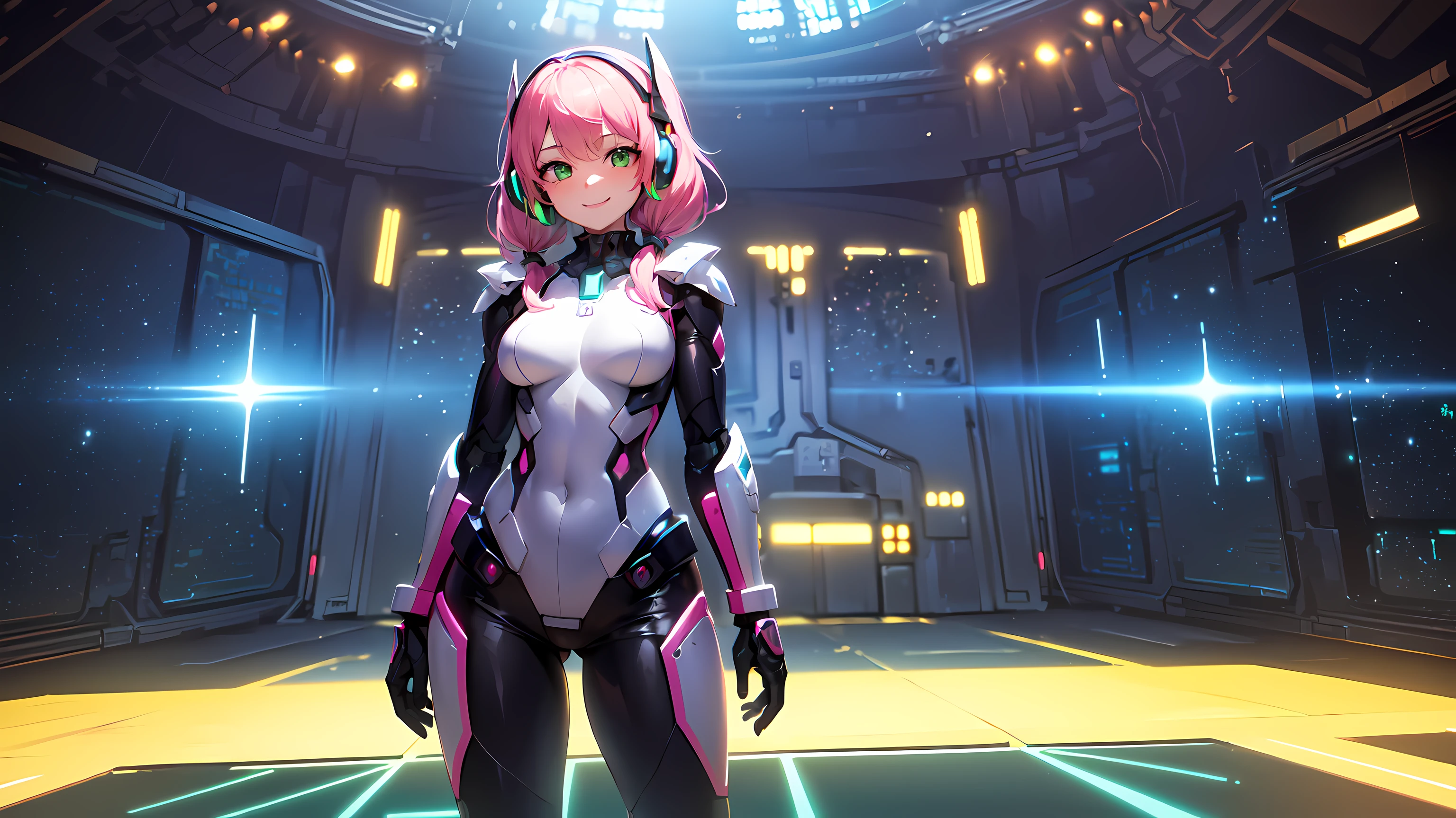 ​hd masterpiece, 1girl, ecchi girl ((20year old, dressed in a futuristic tight mecha body armor, boots, medium breasts:1.3, multicolor pink hair, twin ponytails, perfect model body:1.4, detailed green eyes:1.7, flirting, happy, big smile, wearing headphones, inspired by Yuumei, looking at viewer, cowboy shot:1.3, standing in a spaceship hangar:1.2, windows showing a galaxy in the background:1.3, fun and exciting atmosphere:1.2)) ((solo:1.8)) ((galaxy and stars))