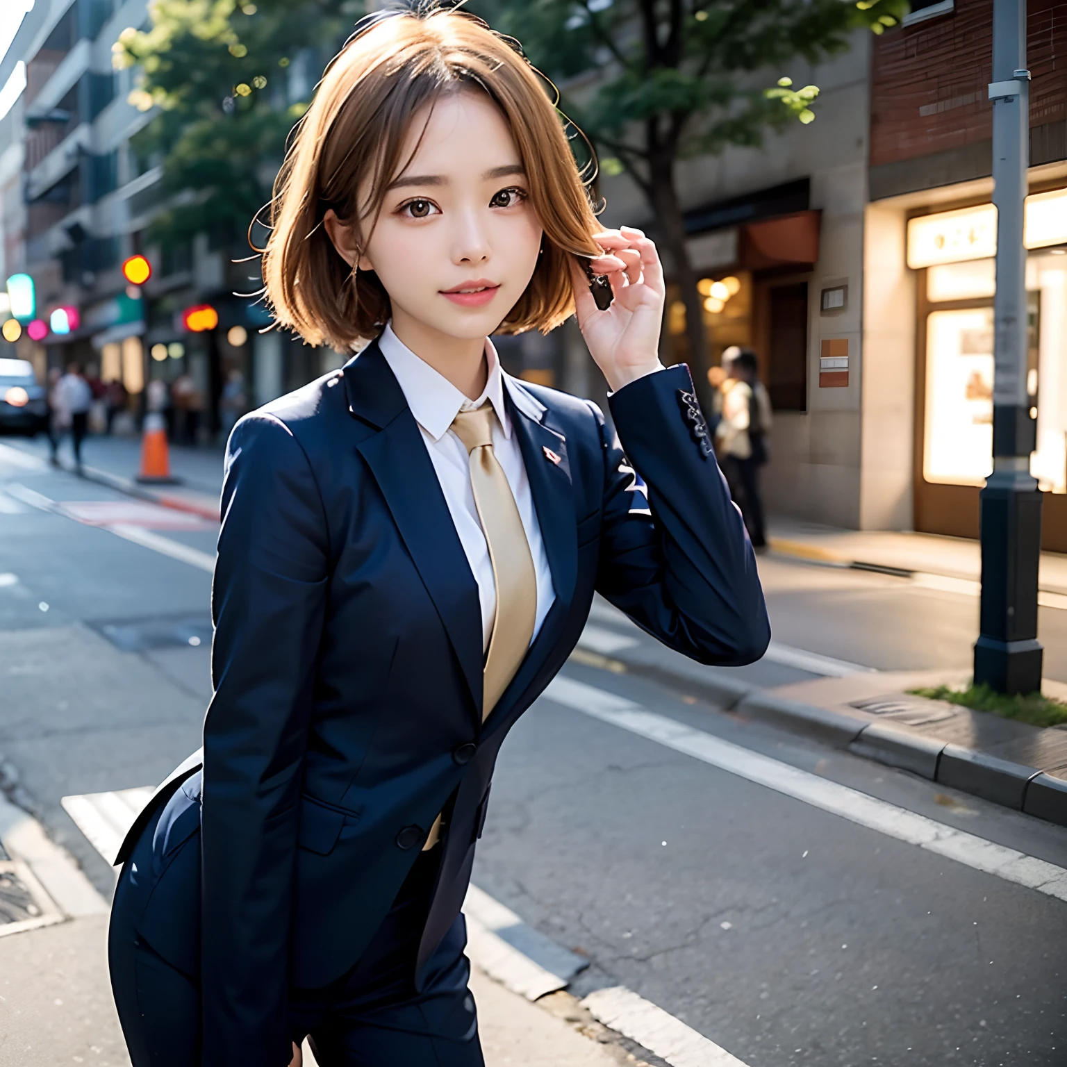 (masutepiece, Best Quality:1.2), 8K, Official art, Full body photo, full body Esbian、Emma fastening her tie.trouser、Cute smile、cute butt、Suits、A dark-haired、14years、small tits、A delightful、A smile、unbelievable Ridiculous, (Upper body, Dark blue suit:Cute Tie 1.4), Beautiful Girl, Pretty Face, arching back down, cute butt、Gold hair ornament on hair、Wearing a cute suit、Decide on a pose、Raise your hands、close up, Wearing a suit, Short sleeve, gardenia, violaceaess, Teen, Street, Looking at Viewer, Film grain, chromatic abberation, Sharp Focus, face lights, Dynamic lighting, Cinematic lighting, Eyes and faces with detailed, Bokeh background, (Tie with Emma written on it、1 copy:1.2)