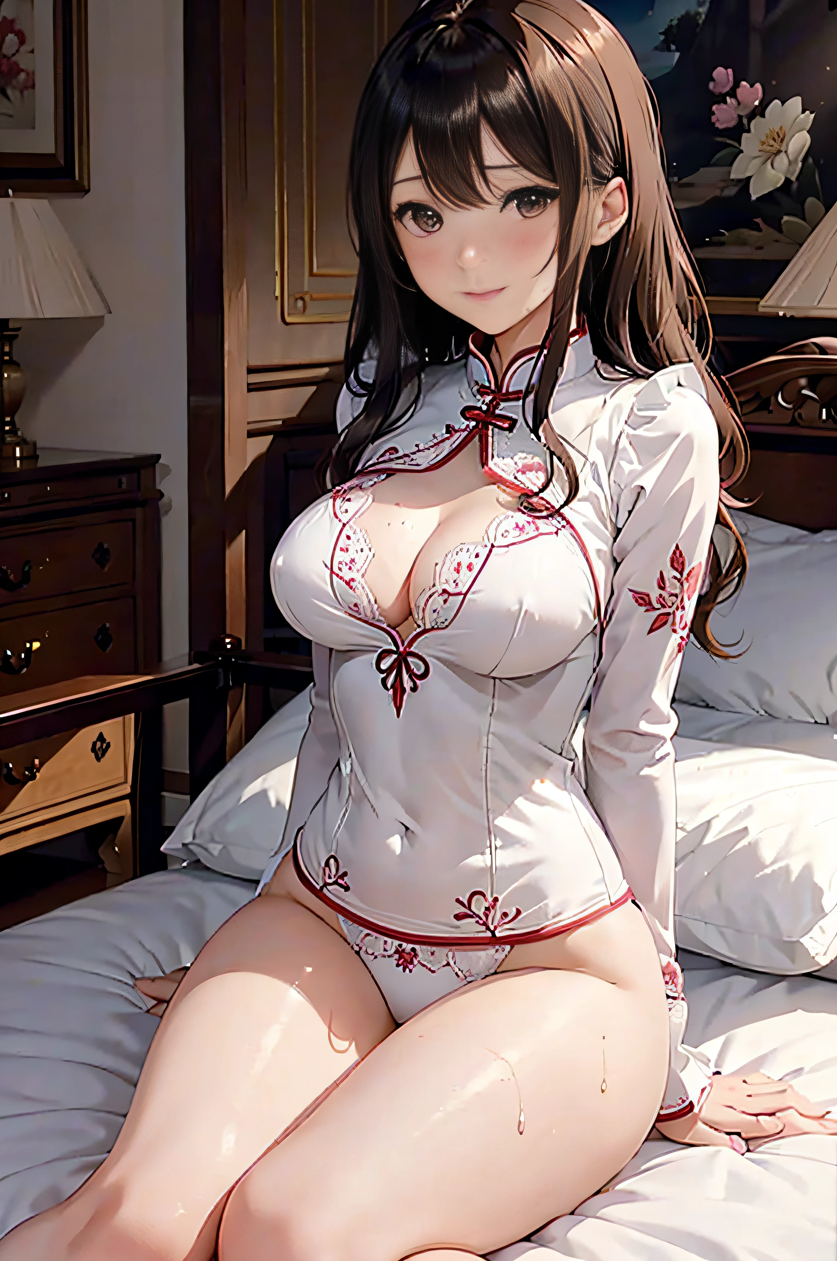 masutepiece,Best Quality,High resolution,Fine details,Solo,Adult Woman,blush,Curve,Large breasts,(Wet white cheongsam、gorgeous embroidery),Luxury hotel beds、Brown Longhair、waved hair、Shy laughter、Stockings、Puffy hips、Puffy nipple、lyin in bed、Red lace panties、itting open legs、Hold your chest with both hands