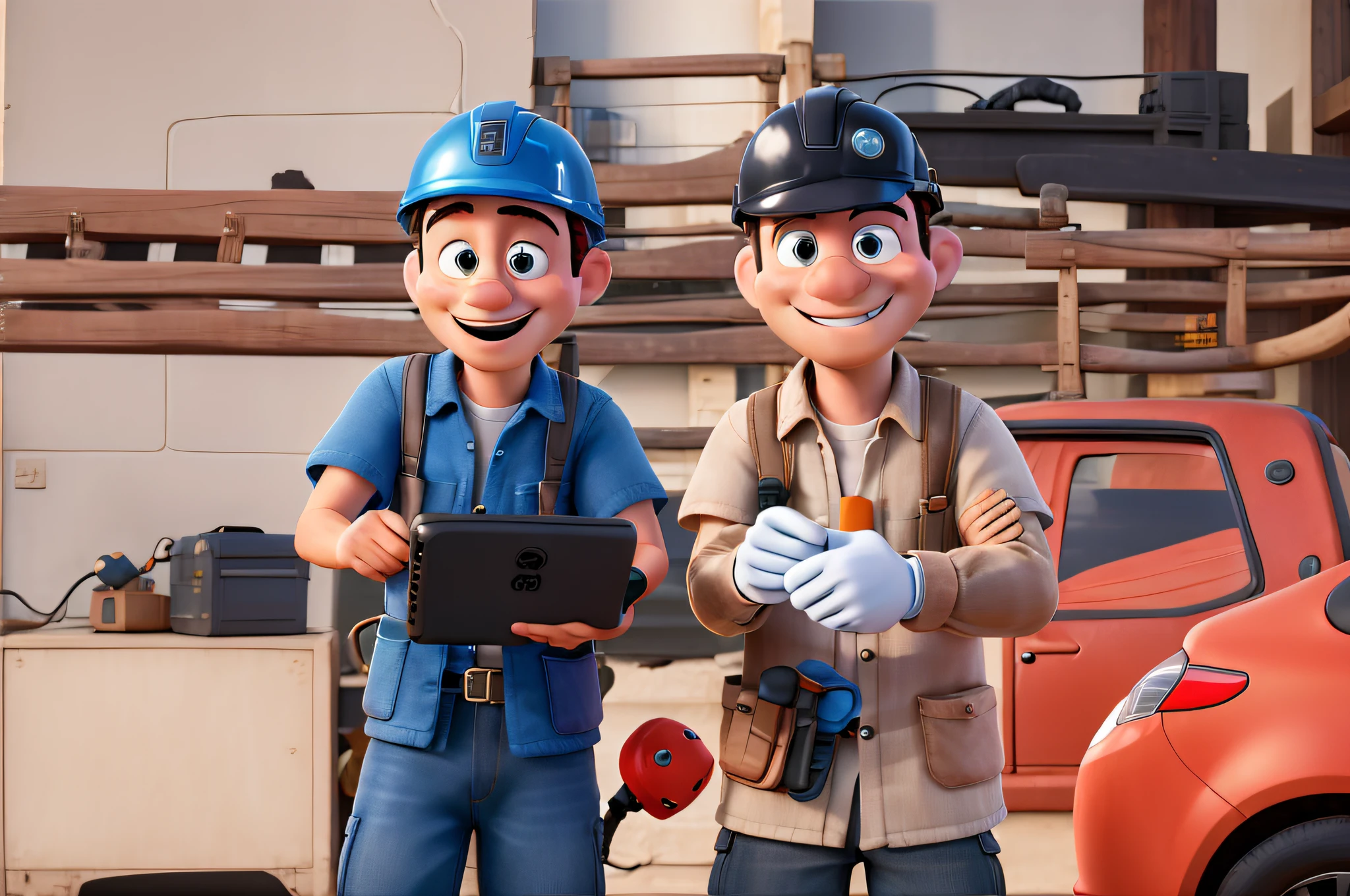 Two technicians internet provider with helmet and router in hand car with ladder behind style disney pixar high quality best quality