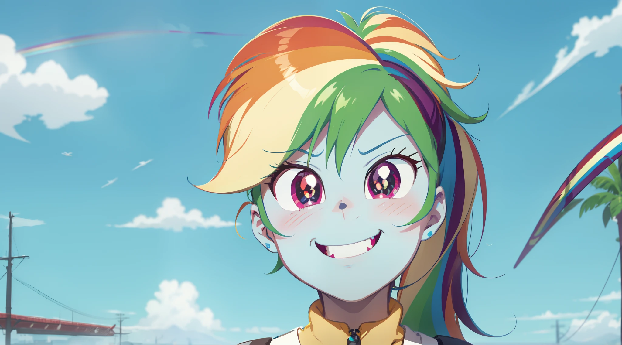 a close up of a cartoon pony with a rainbow on it, rainbow dash, giddy smirk, her hair is in a pony tail, auroracore, fim still, with no derpy face, she has a cute expressive face, mlp, she has two ponytails, windy mane, rainbowcore, bright rainbow nimbus, proud smirk, wry smirk