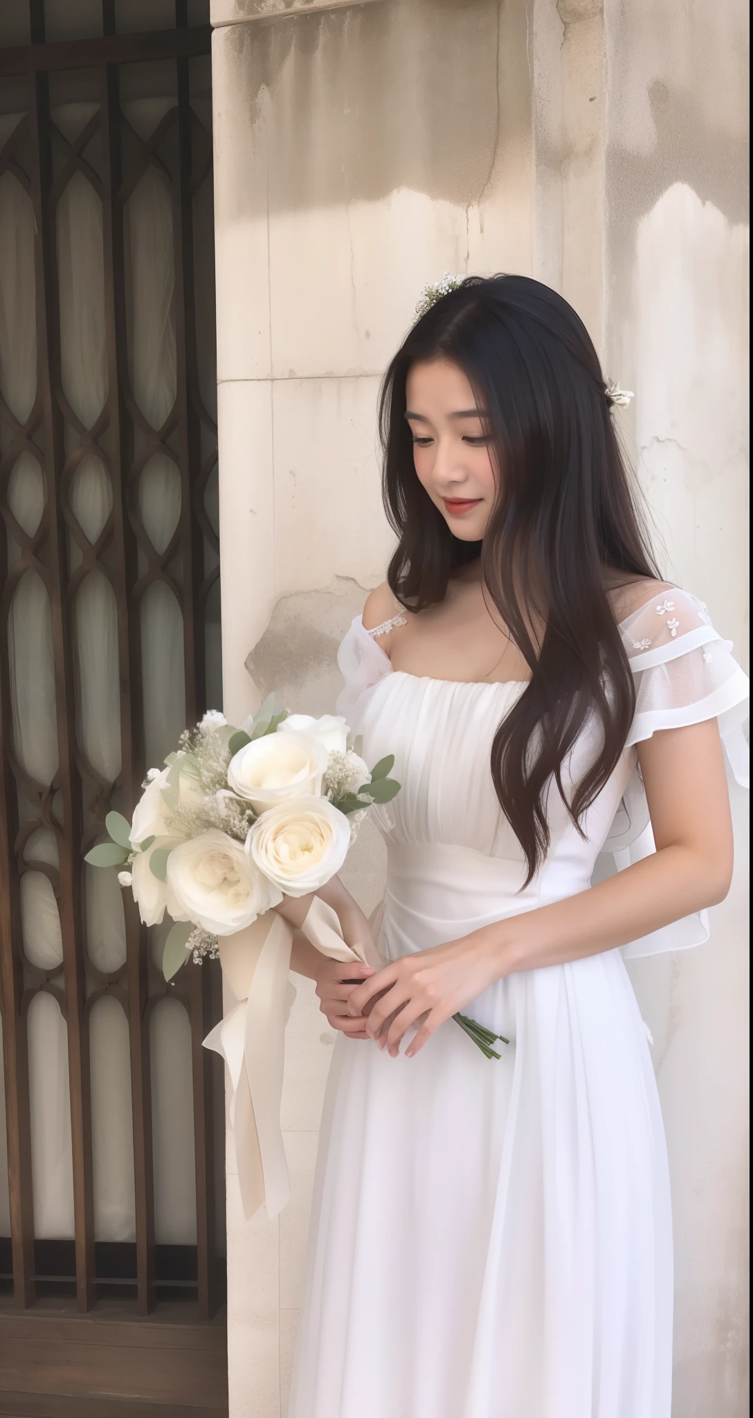 there is a woman in a white dress holding a bouquet of flowers, with flowers, 🤬 🤮 💕 🎀, romantic dress, bouquet, holding flowers, a beautiful woman in white, wearing a white flowing dress, ancient white dress, wearing white dress, flowing white dress, guweiz, with frozen flowers around her, white hanfu, white gown