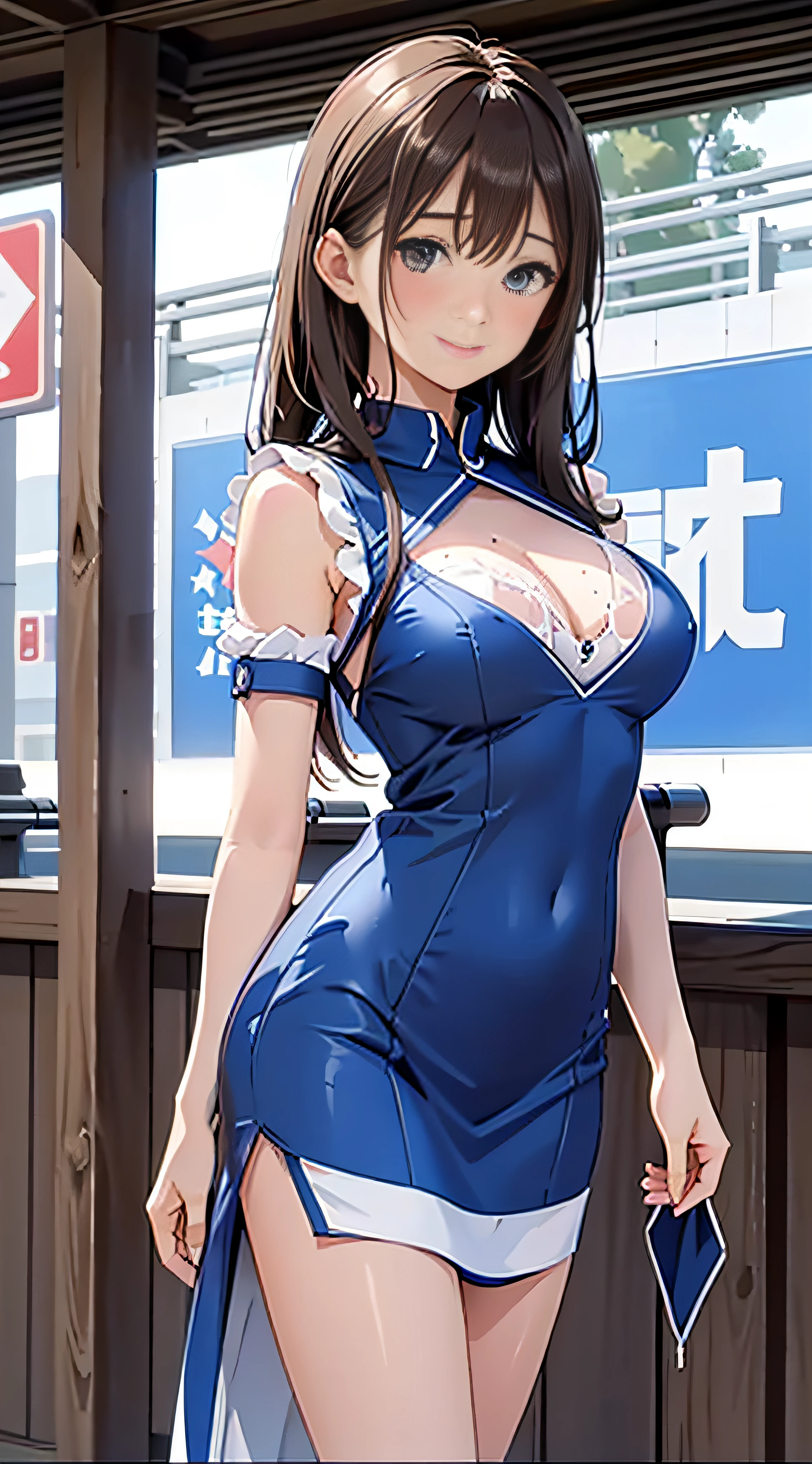 20-year-old woman in bright blue and white dress, Colossal tits, large full breasts、biomechanical oppai, in dress, oppai proportions, Ecchi, Ecchi anime style,((top-quality)), ((masterpiece)), Shy smile, Pitch Resuit, Puffy nipple, Shy laughter、Kamimei, knee high stockings, Adult Woman, (cum in vaginas:1.3), cum in mouth, (Overflowing G-string:1.5), Long Wave Hair、dark brown hair, a miniskirt,Race Queen, masterpaintings, best qualtiy, Photorealsitic, ultra-detailliert, (shiny skins), Brown-eyed, slender, dynamic light and shadow, hight resolution, Sharp Focus, depth of view, The eyes are delicate, Sharp pupils, outside of house, Skysky, Tight skirt,underboob, Wet_Clothes, Wear the grid_Girl costume printed with sponsor's logo, (Stand in a motorsport race)+, sexy hips、Kamimei、Chest opening、Slouching Chest Emphasis Pose