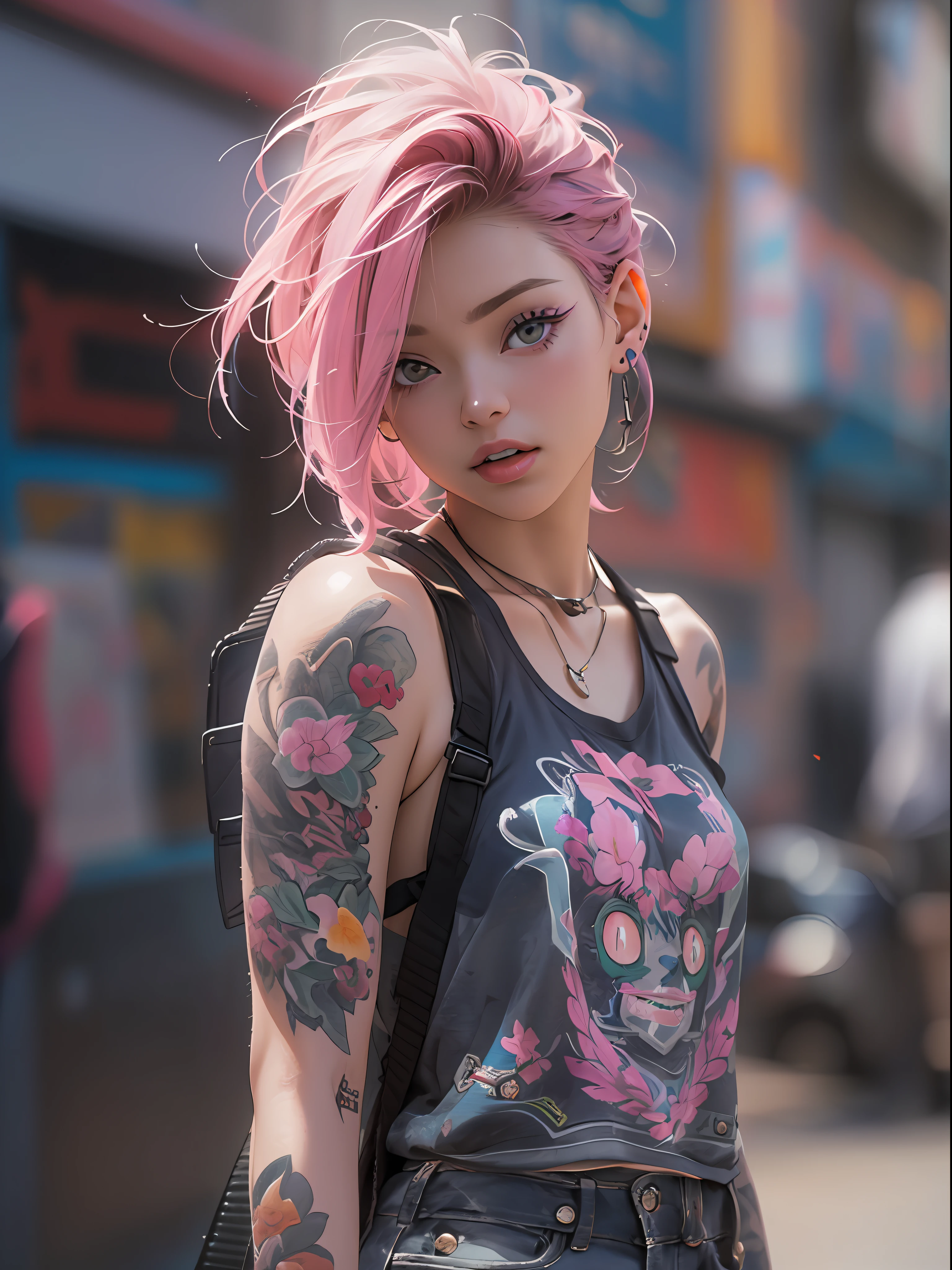 (top-quality、8K、32K、masterpiece、nffsw:1.3)、(Photorealsitic:1.4),18-year-old punk girl,A detailed eye、A detailed face,Wacky punk hair,Radical punk fashion,Tank Tops、Wacky makeup、A pink-haired,、Tattoos on the body,、Street background、Backlight effect、depth of fields,blurry backround,,,,,,,,,,,,