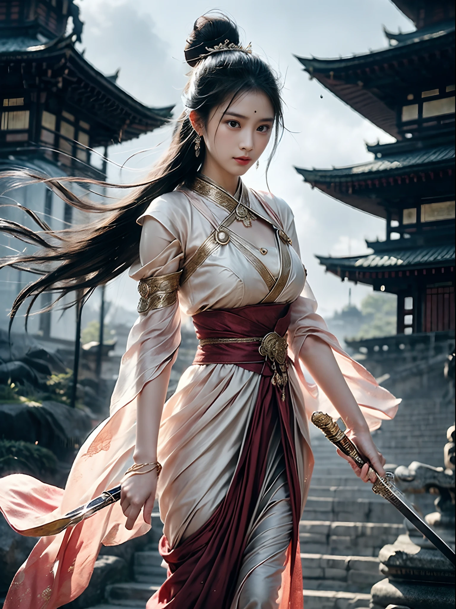 Ethereal fantasy concept art, girl，独奏，Hanfu，shift dresses，Red ribbons，jewely，ventania，longer sleeves，long whitr hair，hair adornments，nipple tassels，handheldweapons，The sword，looking at viewert, wounded in fight, In heavy rain, Cannot fail, Black hair, double bun hair,Blush,Sweat,Tsundere, Magnificent, Celestial, Ethereal, painting of a, Epic, Majestic, magical, Fantasy art, Cover art, Dreamy，swordsman，(dramatics、leathery、vehement：1.4），In the background is a huge Buddha statue and pagoda, tmasterpiece，best qualtiy，8K，Crazy details，complexdetails，ultra - detailed，Super mass，high detal